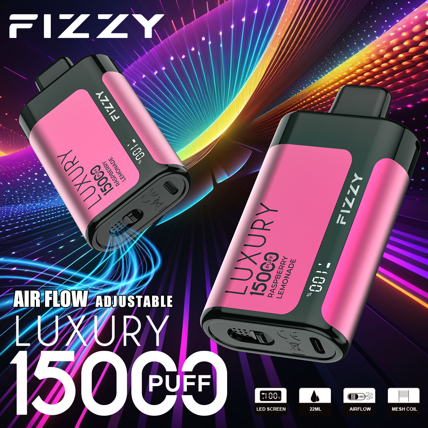 Fizzy Luxury 15000 Puffs Disposable Vape | 22ML E-liquid, Mesh Coil, LCD Screen, Adjustable Air Flow - Vapo247