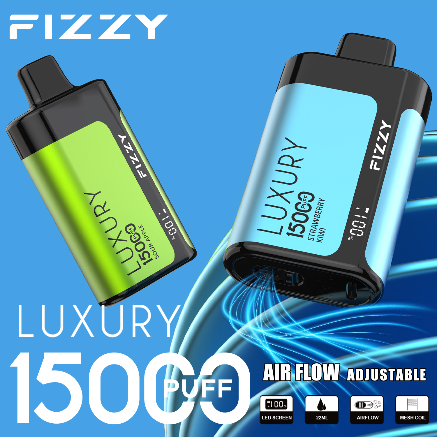 Fizzy Luxury 15000 Puffs Disposable Vape 22ML E-liquid Mesh Coil LCD Screen Adjustable Air Flow - Vapo247