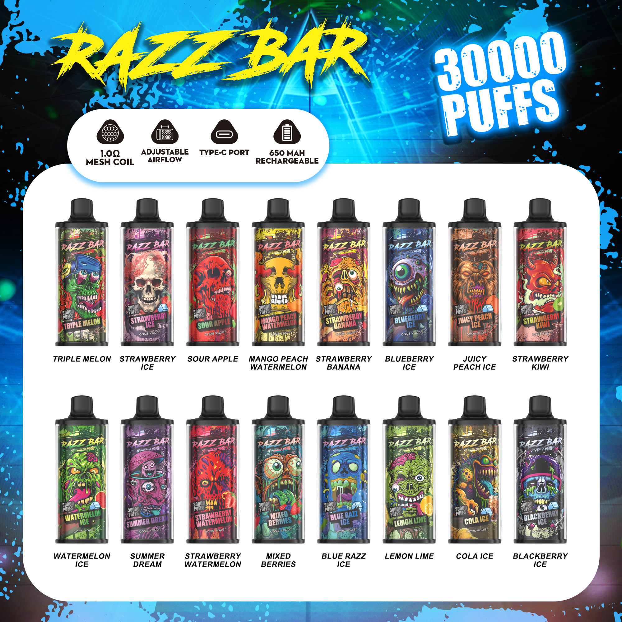Razz bar 30000 puffs Adjustable Airflow | 1.0 Mesh Coil Disposable Vape - Vapo247