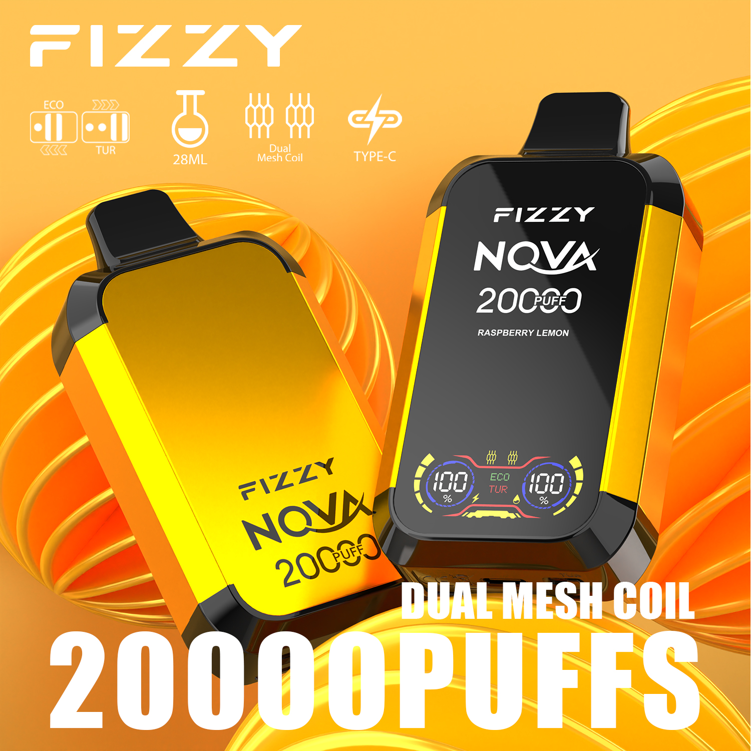 FIZZY NOVA 20000 Puffs Disposable Vape Dual Mesh Coil 28ML E-liquid LCD Screen Eco/Turbo Mode - Vapo247