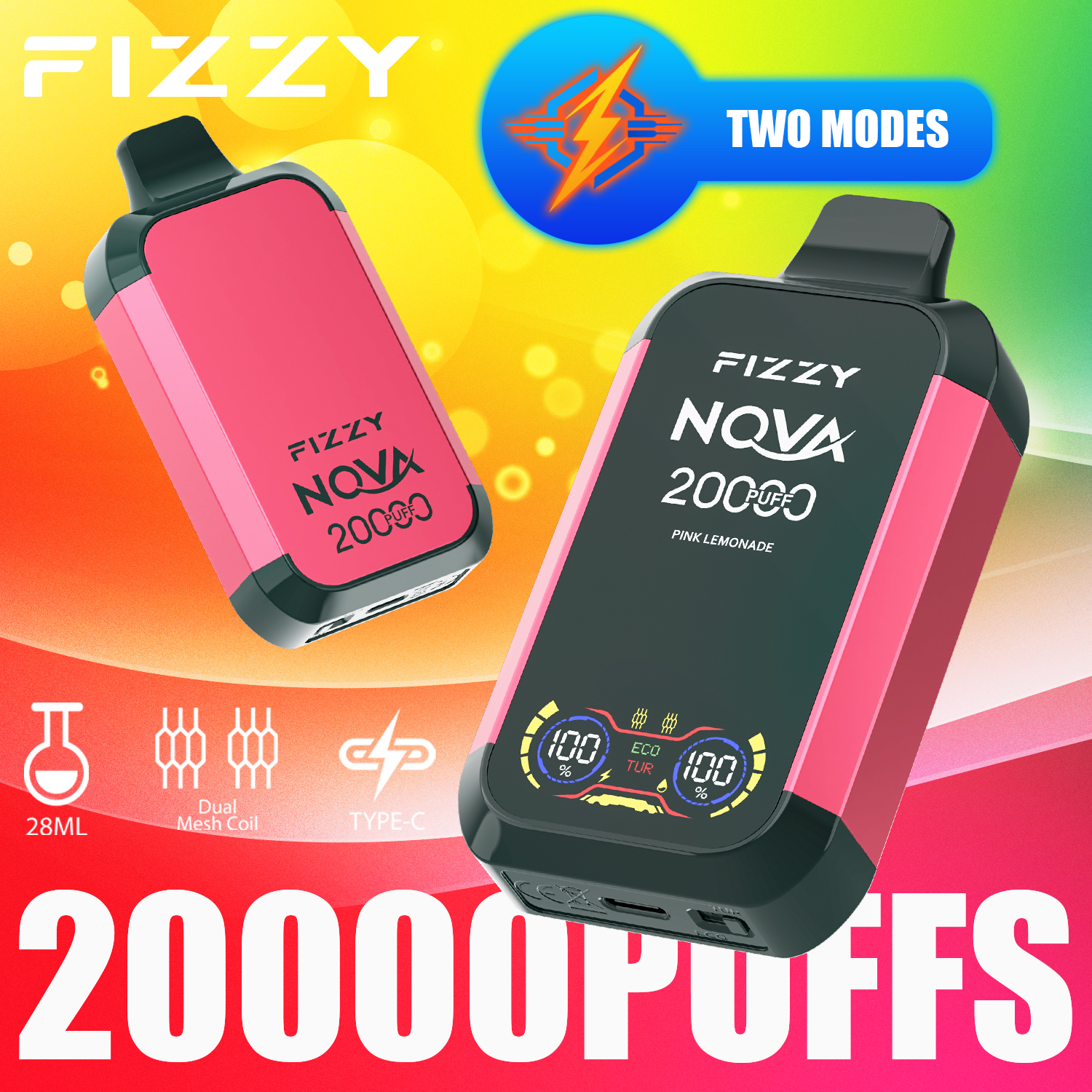 FIZZY NOVA 20000 Puffs Disposable Vape Dual Mesh Coil 28ML E-liquid LCD Screen Eco/Turbo Mode - Vapo247