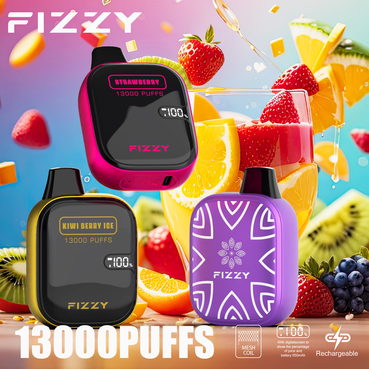 Fizzy Boom 13000 Puffs Disposable Vape | 21ML E-liquid, Mesh Coil, LCD Screen - Vapo247