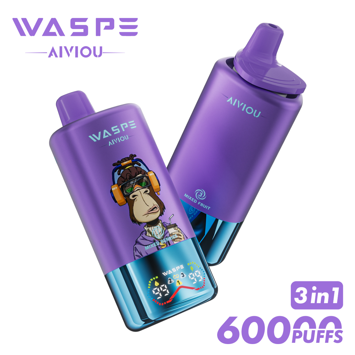 WASPE 3 in 1 60000 PUFFS Triple Flavors LED Screen Display Triple Mesh Coil Disposable Vape - Vapo247