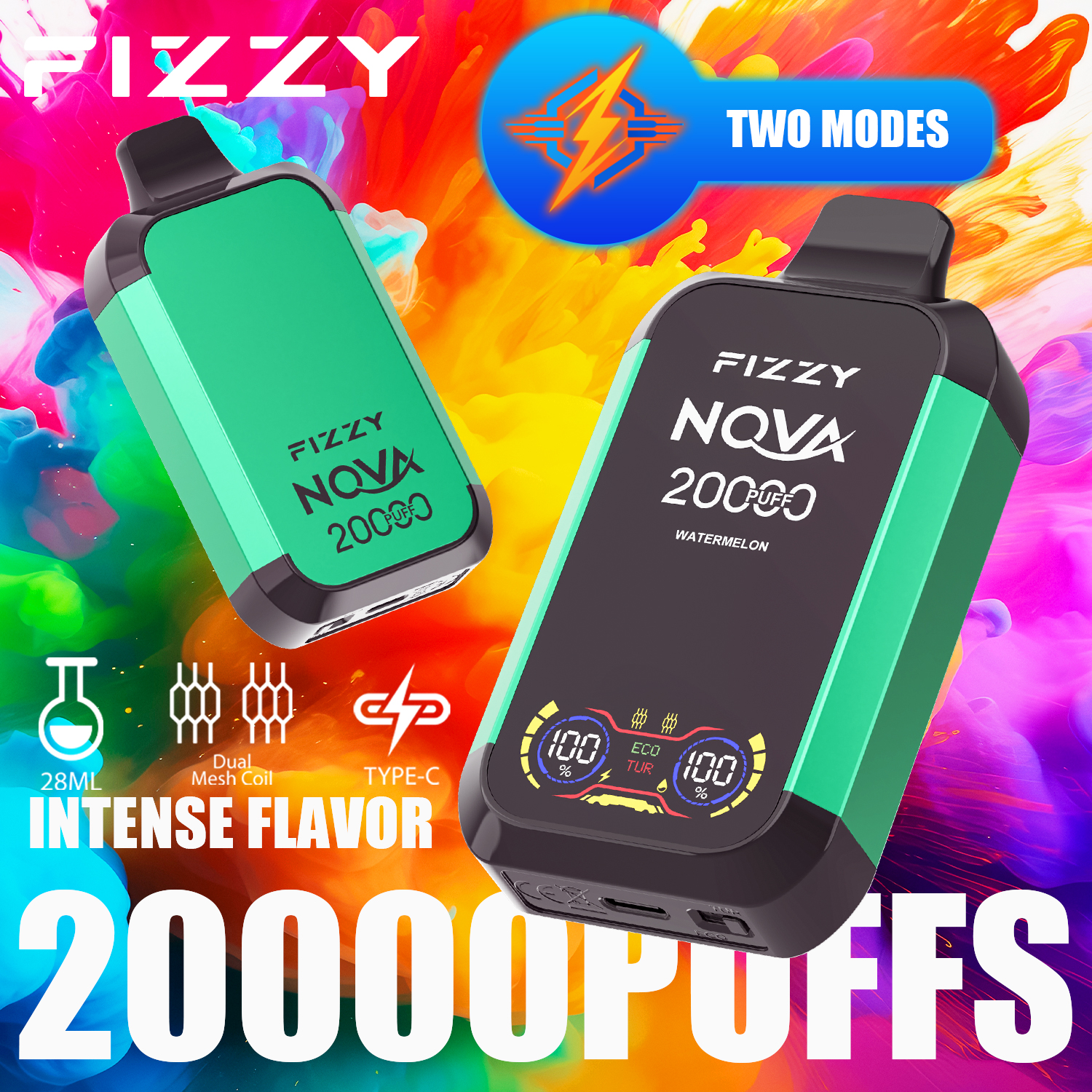 FIZZY NOVA 20000 Puffs Disposable Vape Dual Mesh Coil 28ML E-liquid LCD Screen Eco/Turbo Mode - Vapo247