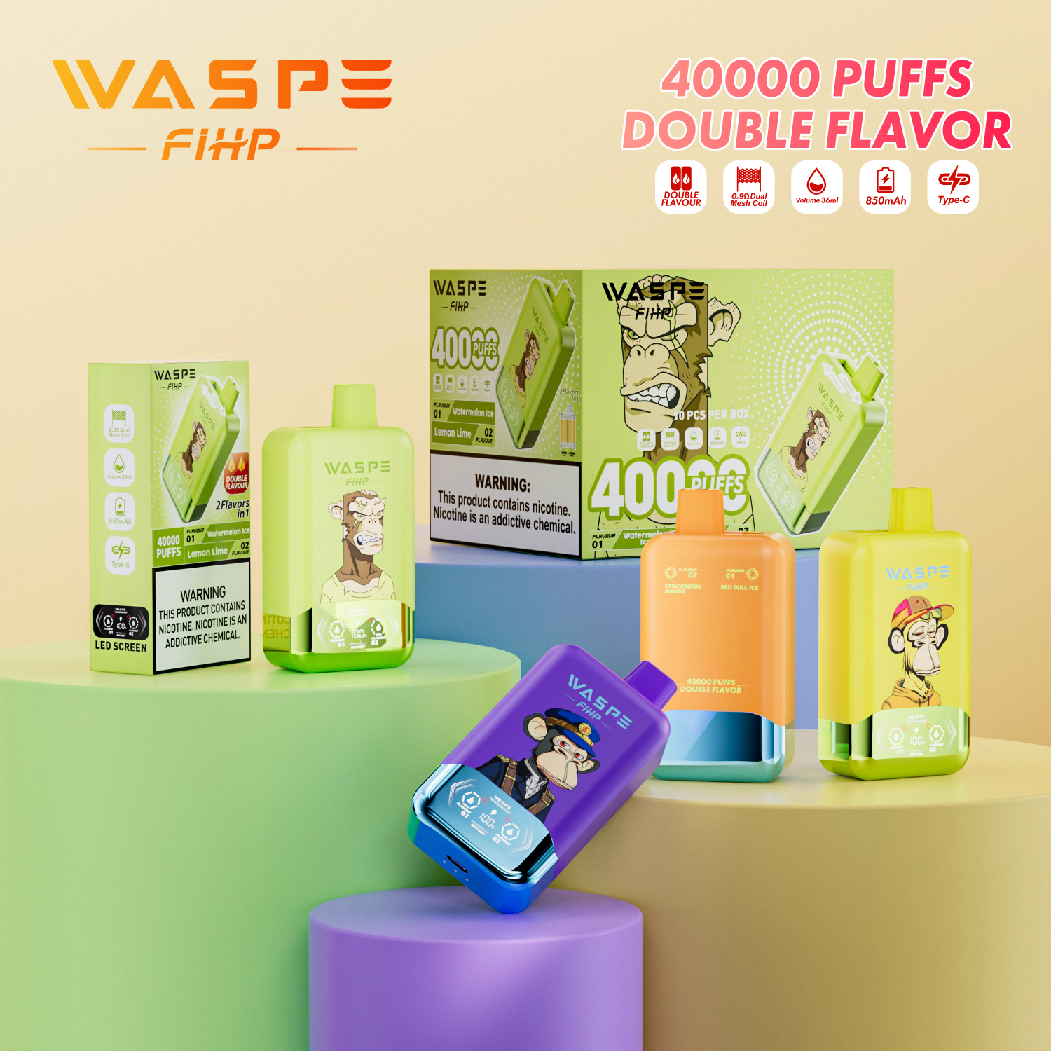 WASPE Double Flavor 40000 PUFFS 2-in-1 Flavors LED Screen Dual Mesh Coil Disposable Vape - Vapo247