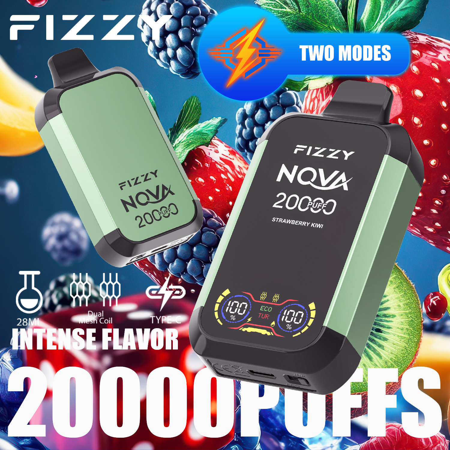 FIZZY NOVA 20000 Puffs Disposable Vape Dual Mesh Coil 28ML E-liquid LCD Screen Eco/Turbo Mode - Vapo247