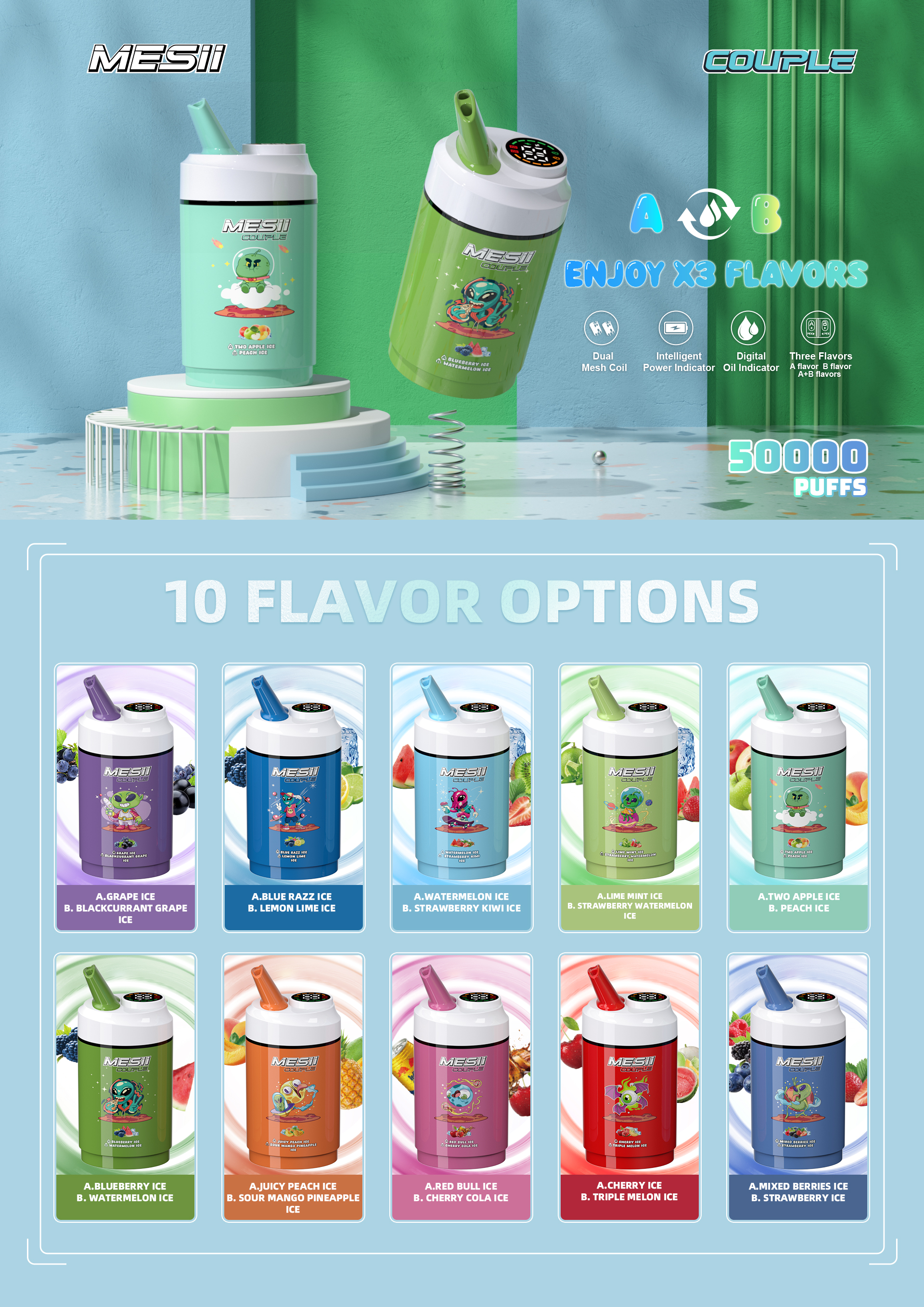 Mesii Couple 50000 Puffs 3-in-1 Flavors LCD Screen Dual mesh coil 20ml liquid Disposable Vape - Vapo247