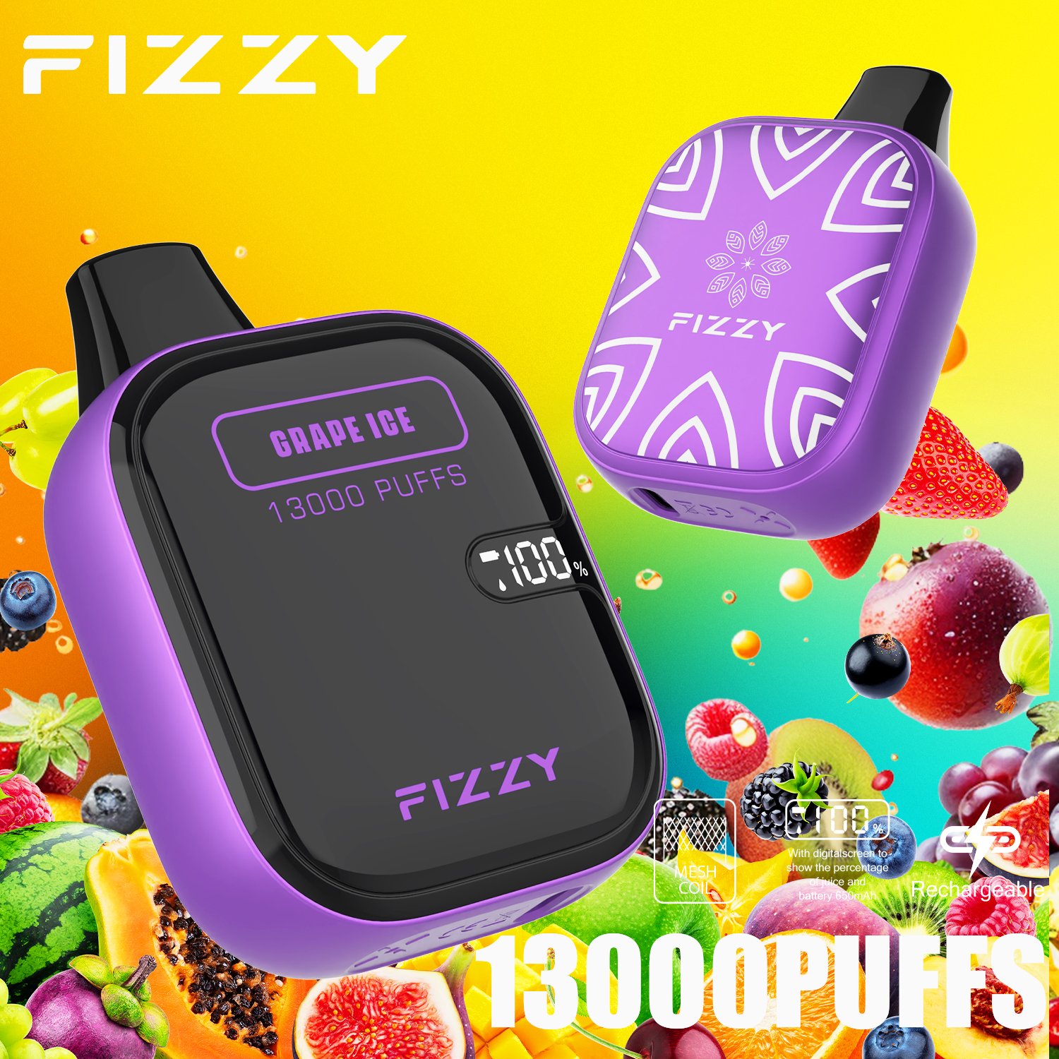 Fizzy Boom 13000 Puffs Disposable Vape 21ML E-liquid Mesh Coil LCD Screen - Vapo247