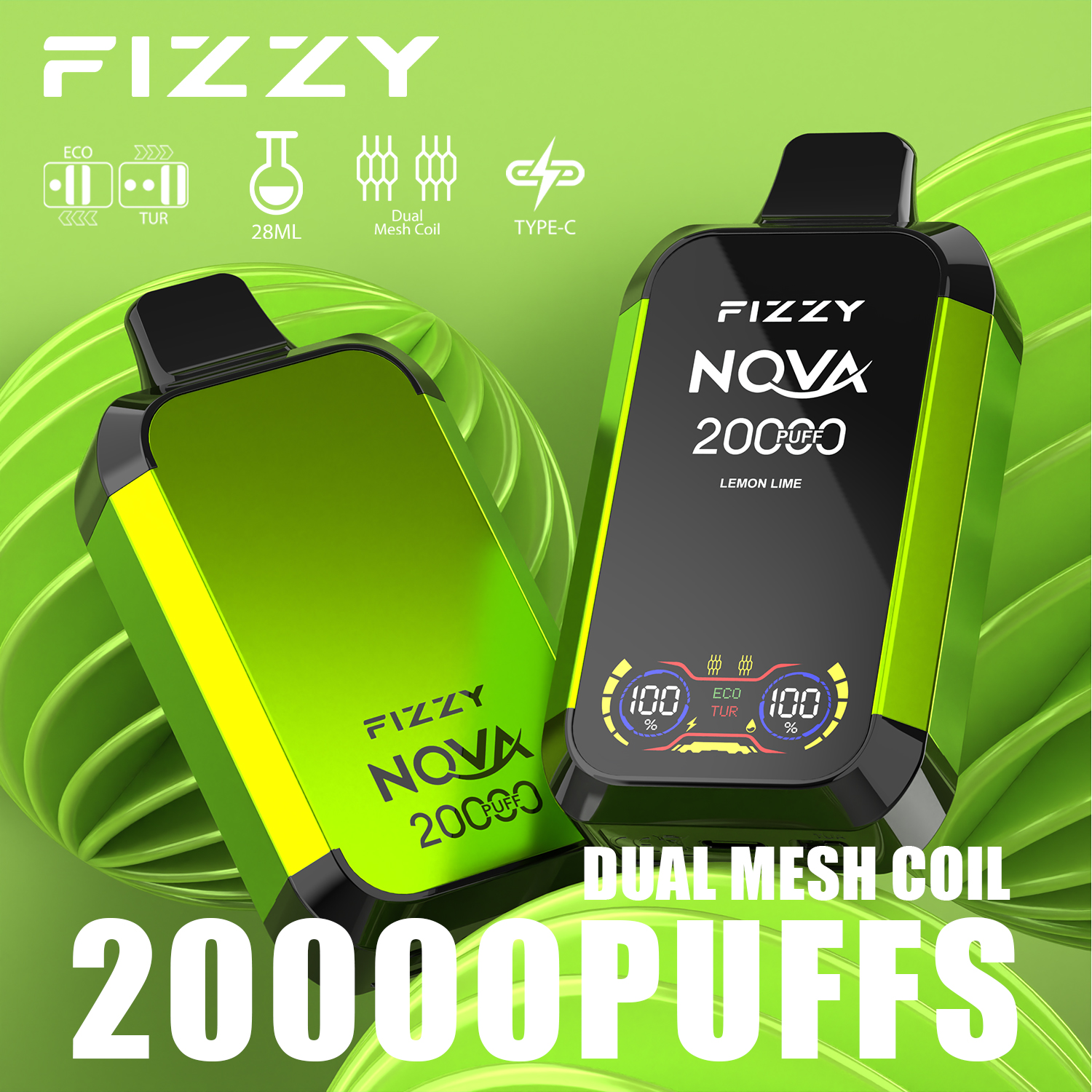 FIZZY NOVA 20000 Puffs Disposable Vape Dual Mesh Coil 28ML E-liquid LCD Screen Eco/Turbo Mode - Vapo247
