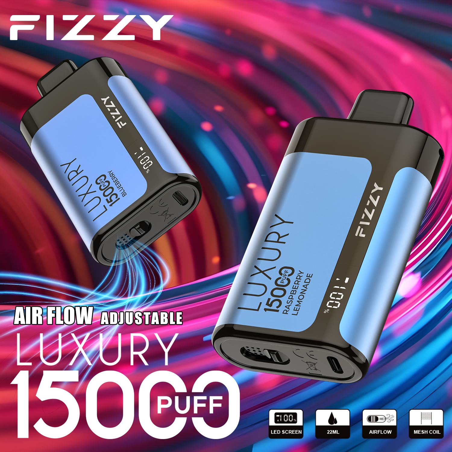 Fizzy Luxury 15000 Puffs Disposable Vape 22ML E-liquid Mesh Coil LCD Screen Adjustable Air Flow - Vapo247