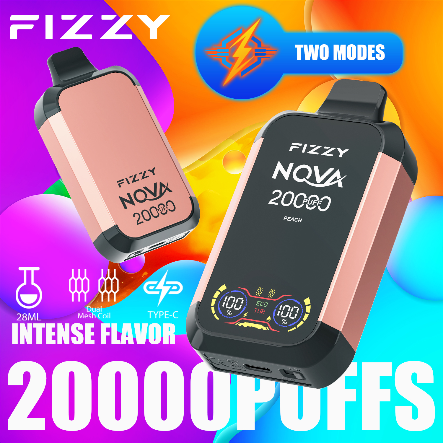 FIZZY NOVA 20000 Puffs Disposable Vape Dual Mesh Coil 28ML E-liquid LCD Screen Eco/Turbo Mode - Vapo247