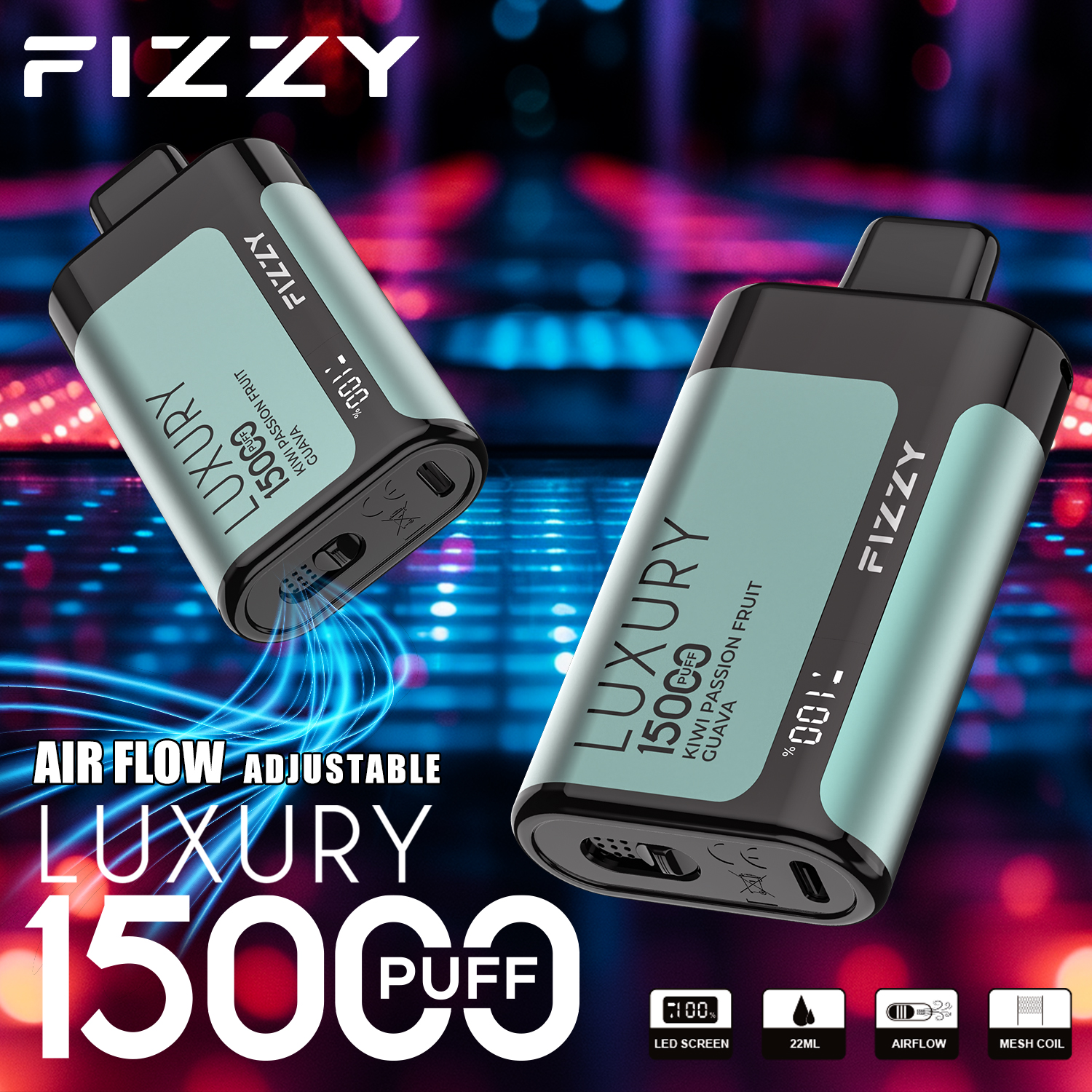 Fizzy Luxury 15000 Puffs Disposable Vape 22ML E-liquid Mesh Coil LCD Screen Adjustable Air Flow - Vapo247