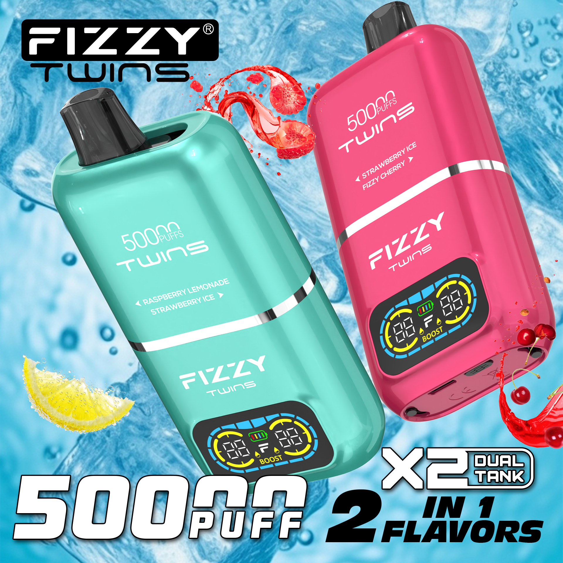 FIZZY TWINS 50000 Puffs Dual flavors 50ml LCD screen Adjustable airflow Disposable Vape - Vapo247