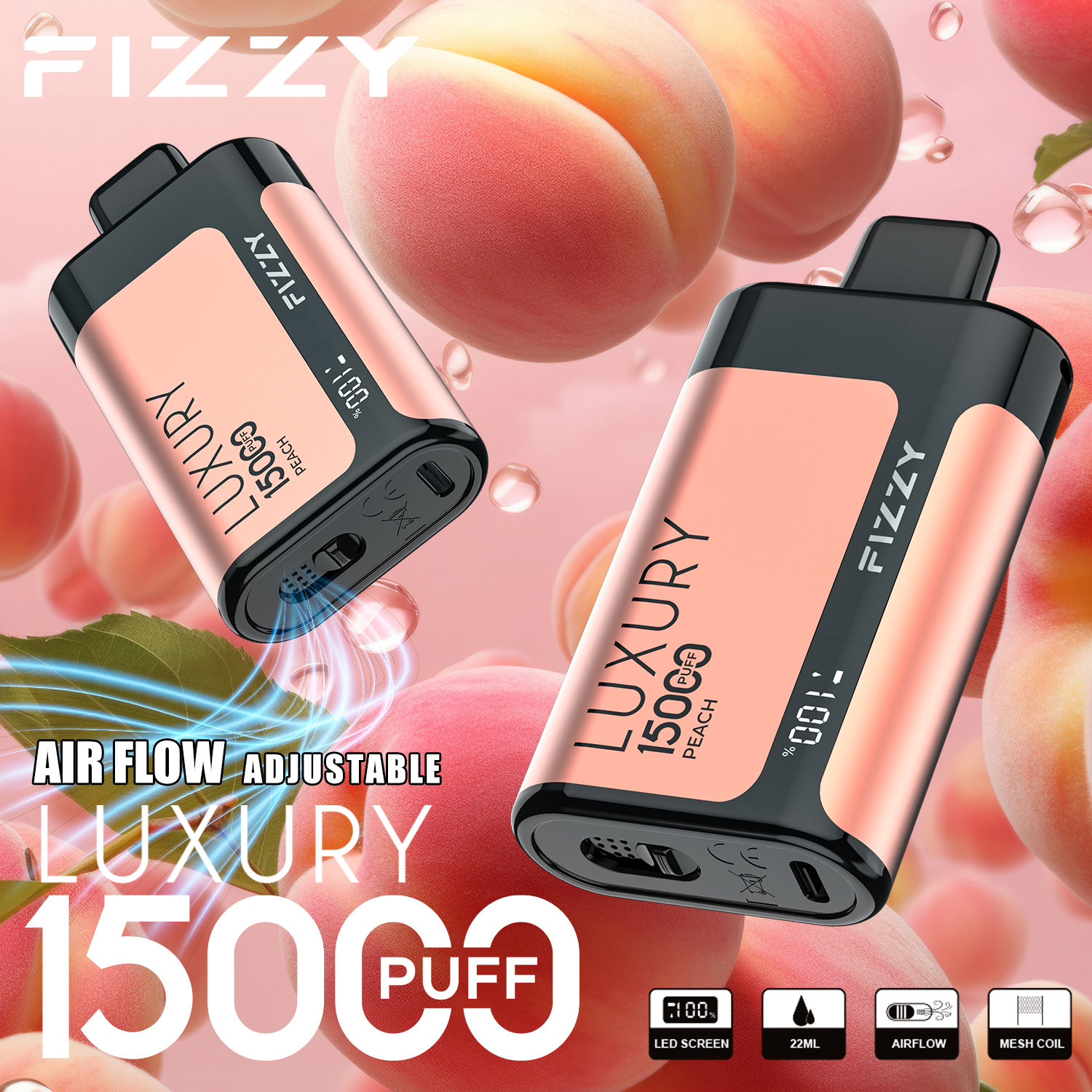 Fizzy Luxury 15000 Puffs Disposable Vape | 22ML E-liquid, Mesh Coil, LCD Screen, Adjustable Air Flow - Vapo247