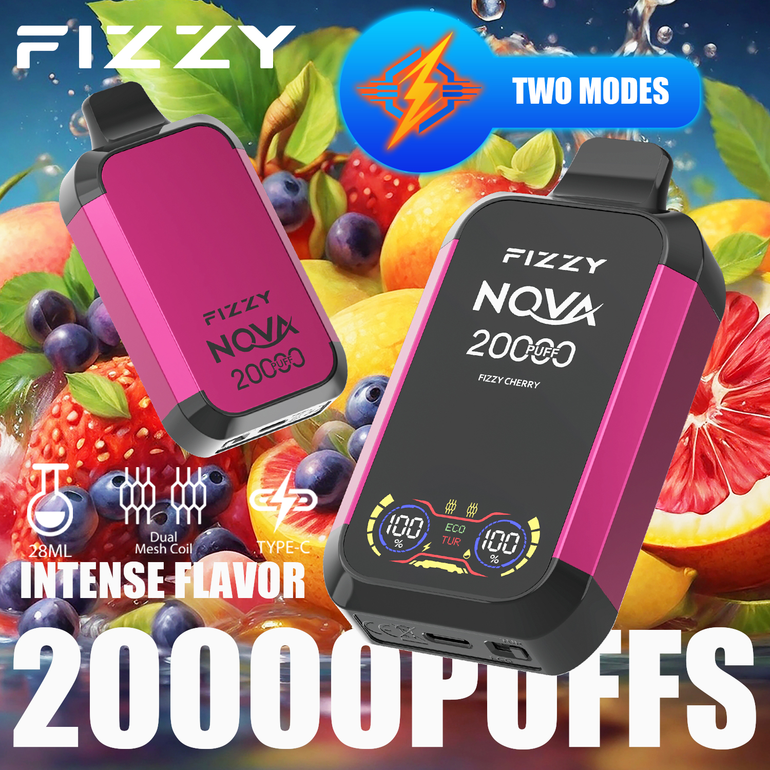 FIZZY NOVA 20000 Puffs Disposable Vape Dual Mesh Coil 28ML E-liquid LCD Screen Eco/Turbo Mode - Vapo247