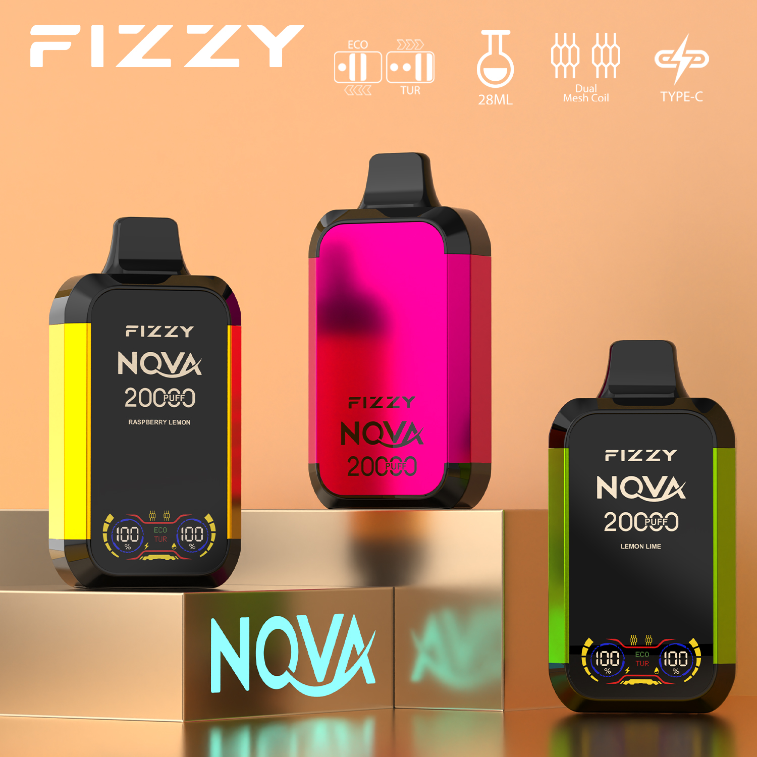 FIZZY NOVA 20000 Puffs Disposable Vape | Dual Mesh Coil, 28ML E-liquid, LCD Screen, Eco/Turbo Mode - Vapo247