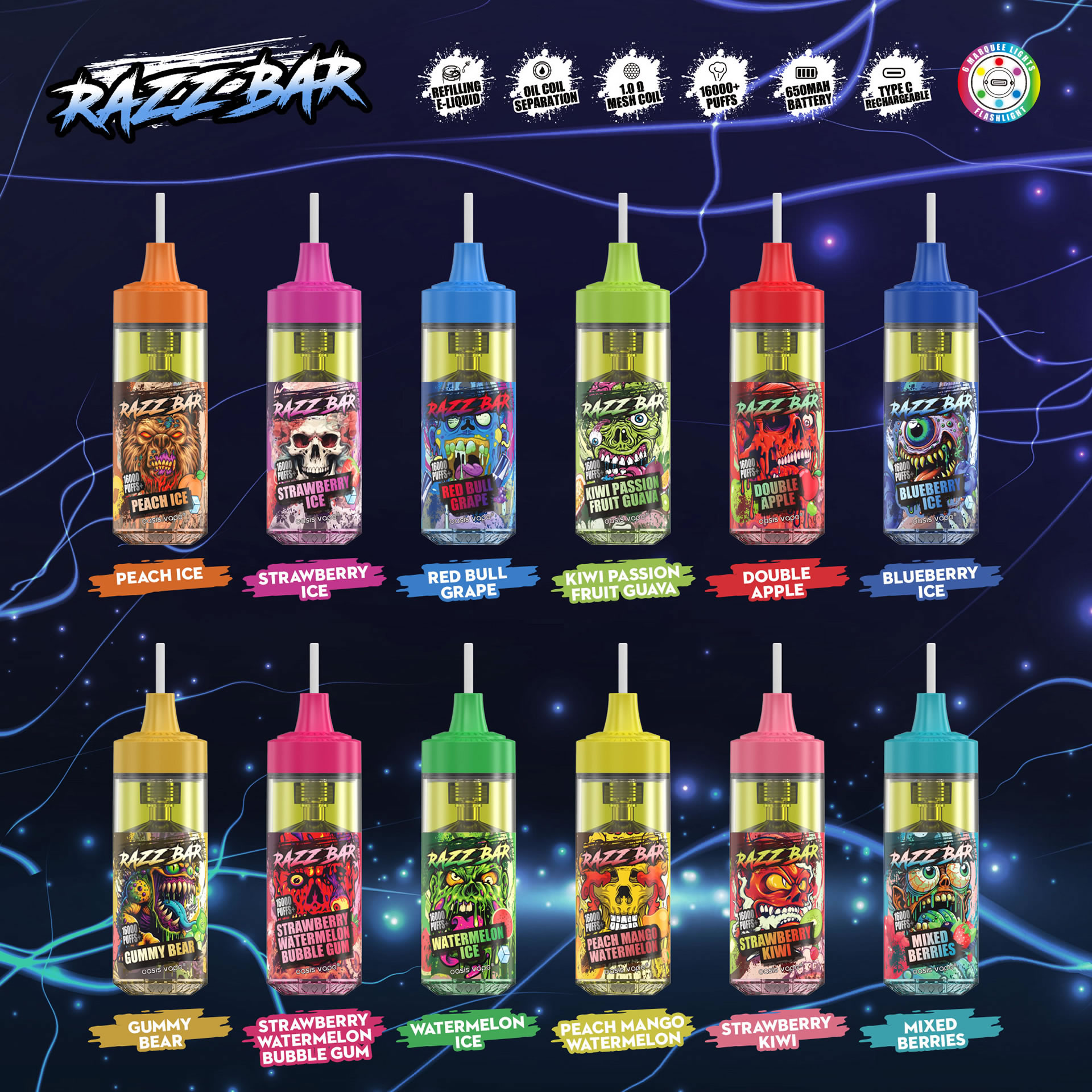 Razz bar 16000 puffs RGB Light | Visual Liquid | Refillable Disposable Vape - Vapo247