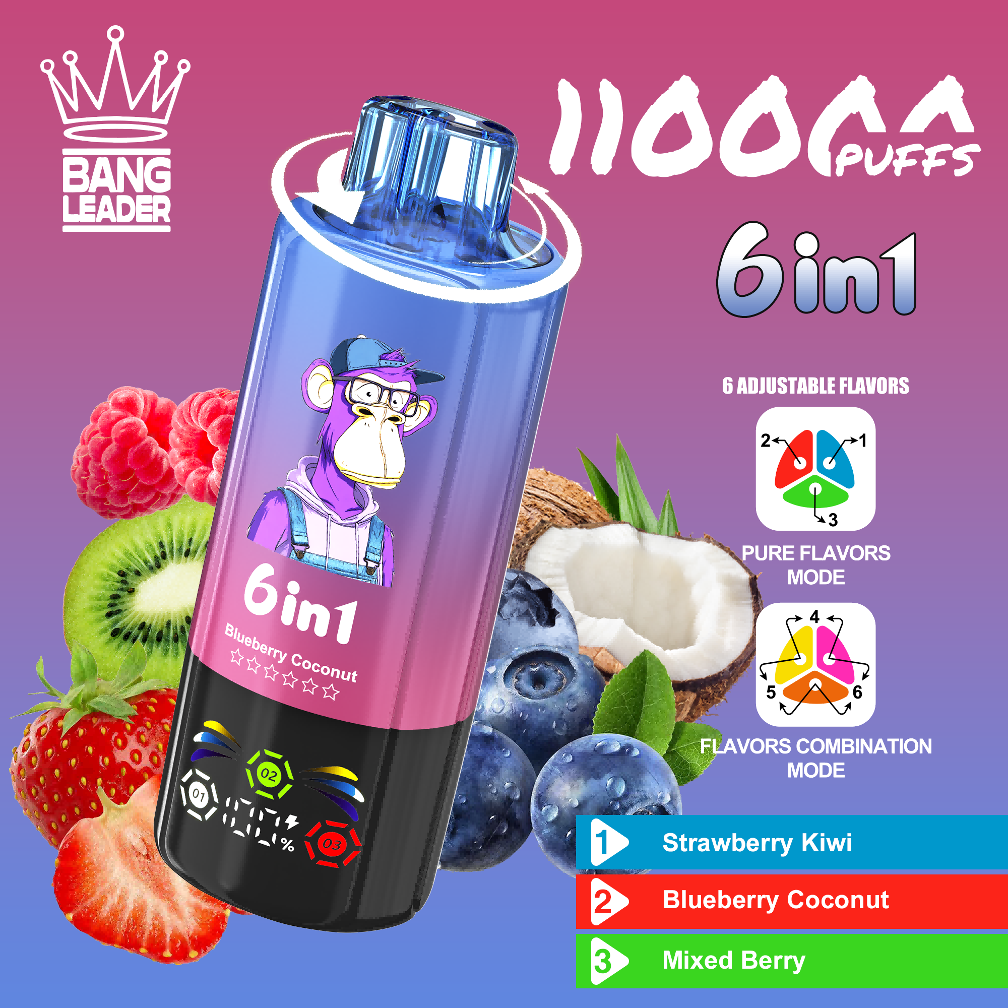 Bang Leader 110K Puffs 6-in-1 flavors dual mesh coil LED Screen Display Disposable Vape - Vapo247