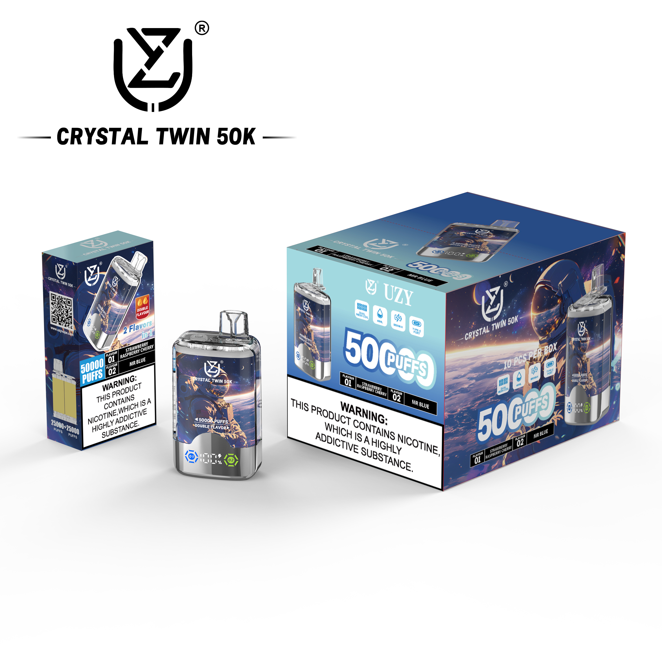 UZY CRYSTAL TWIN 50000 Puffs Double Flavors LCD Screen Mesh coil Crystal Disposable Vape - Vapo247