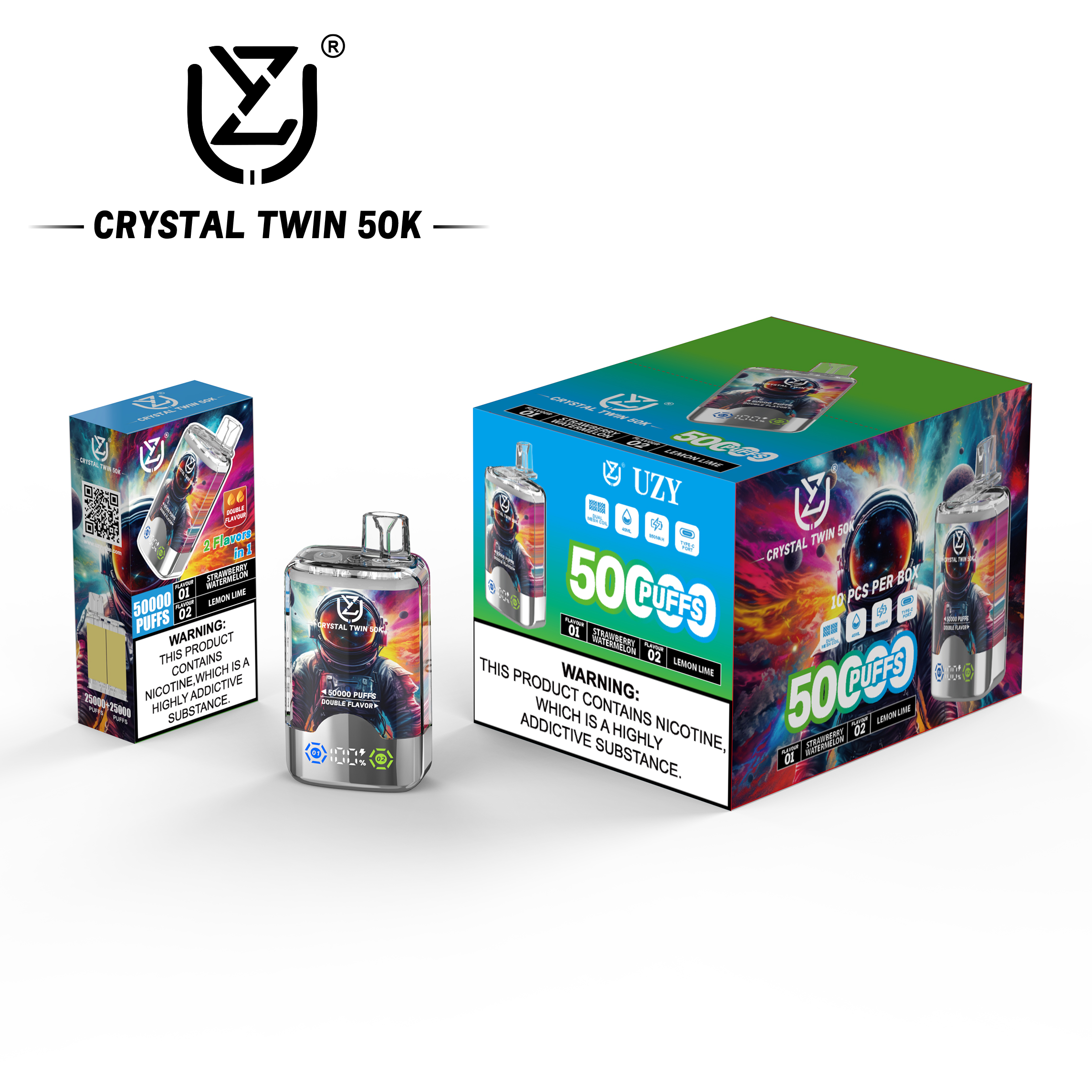 UZY CRYSTAL TWIN 50000 Puffs Double Flavors LCD Screen Mesh coil Crystal Disposable Vape - Vapo247