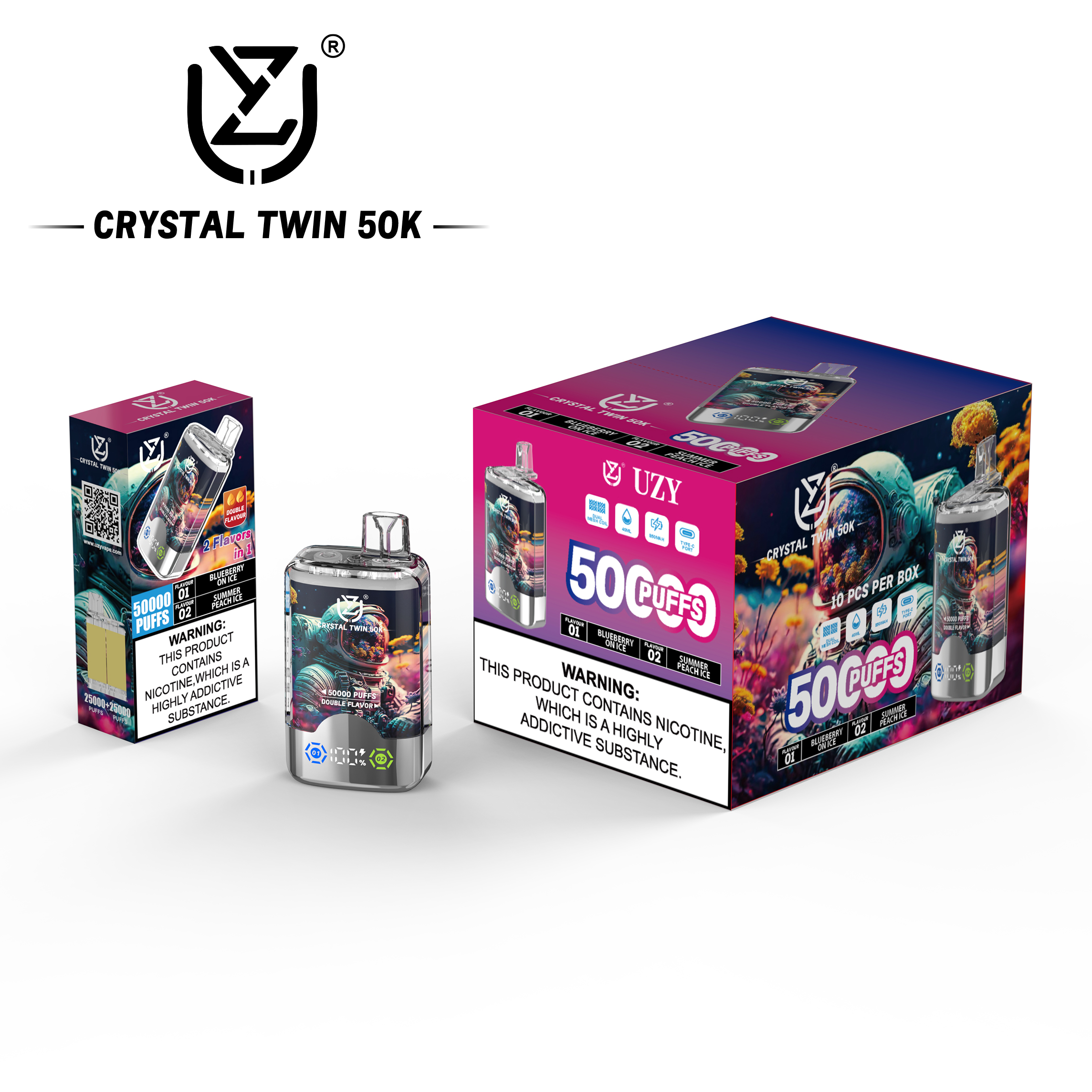 UZY CRYSTAL TWIN 50000 Puffs Double Flavors LCD Screen Mesh coil Crystal Disposable Vape - Vapo247