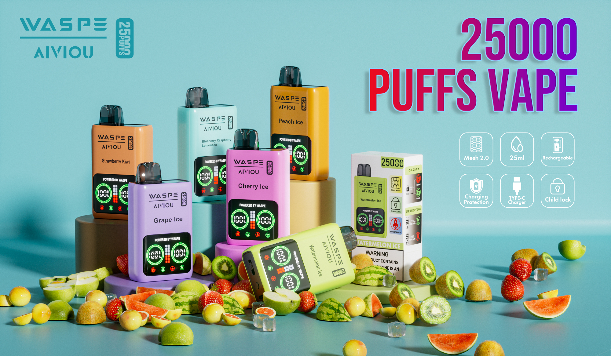 WASPE Aiviou 25000 PUFFS LED Screen Display Dual Mesh Coil Childproof Lock Disposable Vape - Vapo247