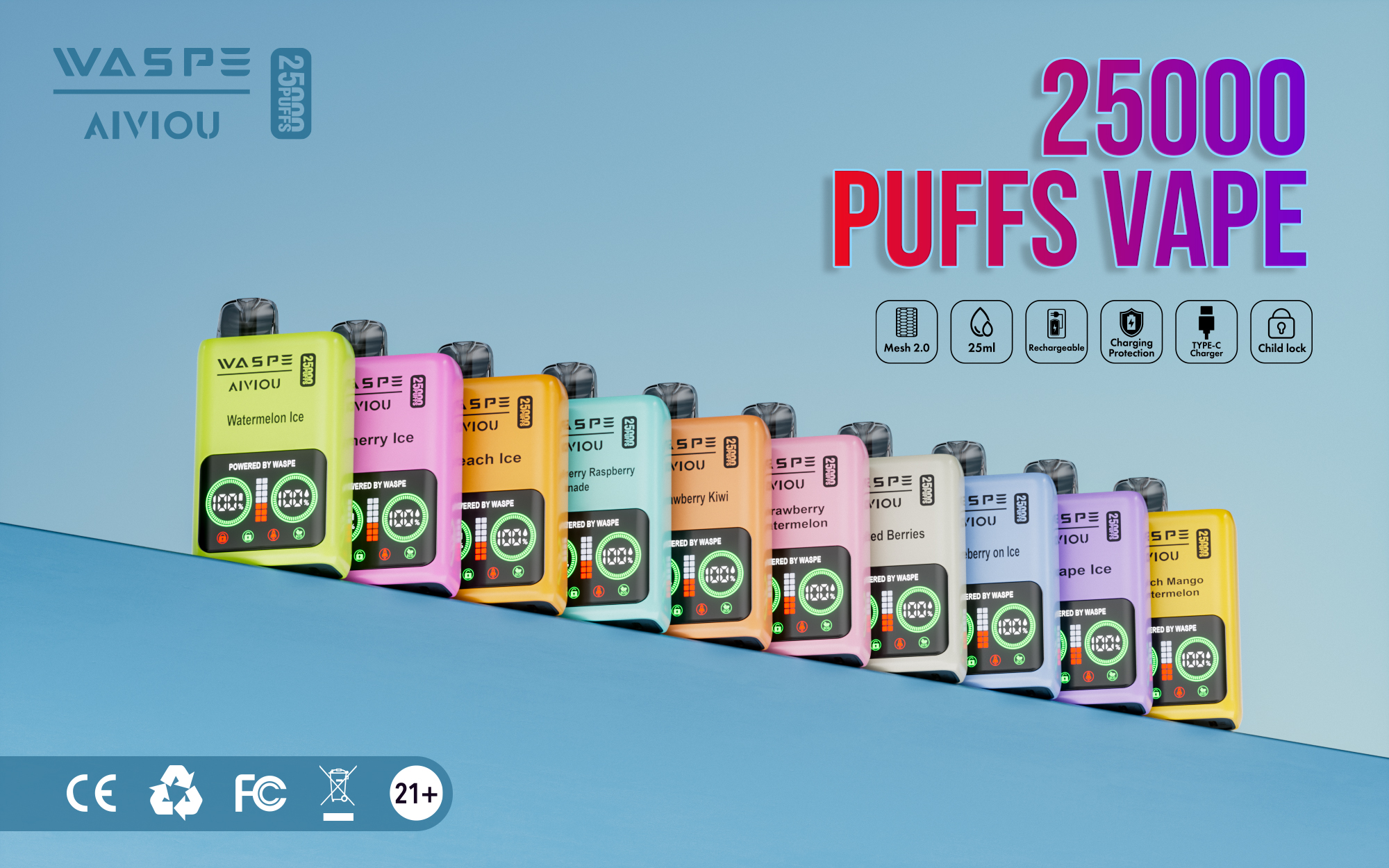 WASPE Aiviou 25000 PUFFS LED Screen Display Dual Mesh Coil Childproof Lock Disposable Vape - Vapo247