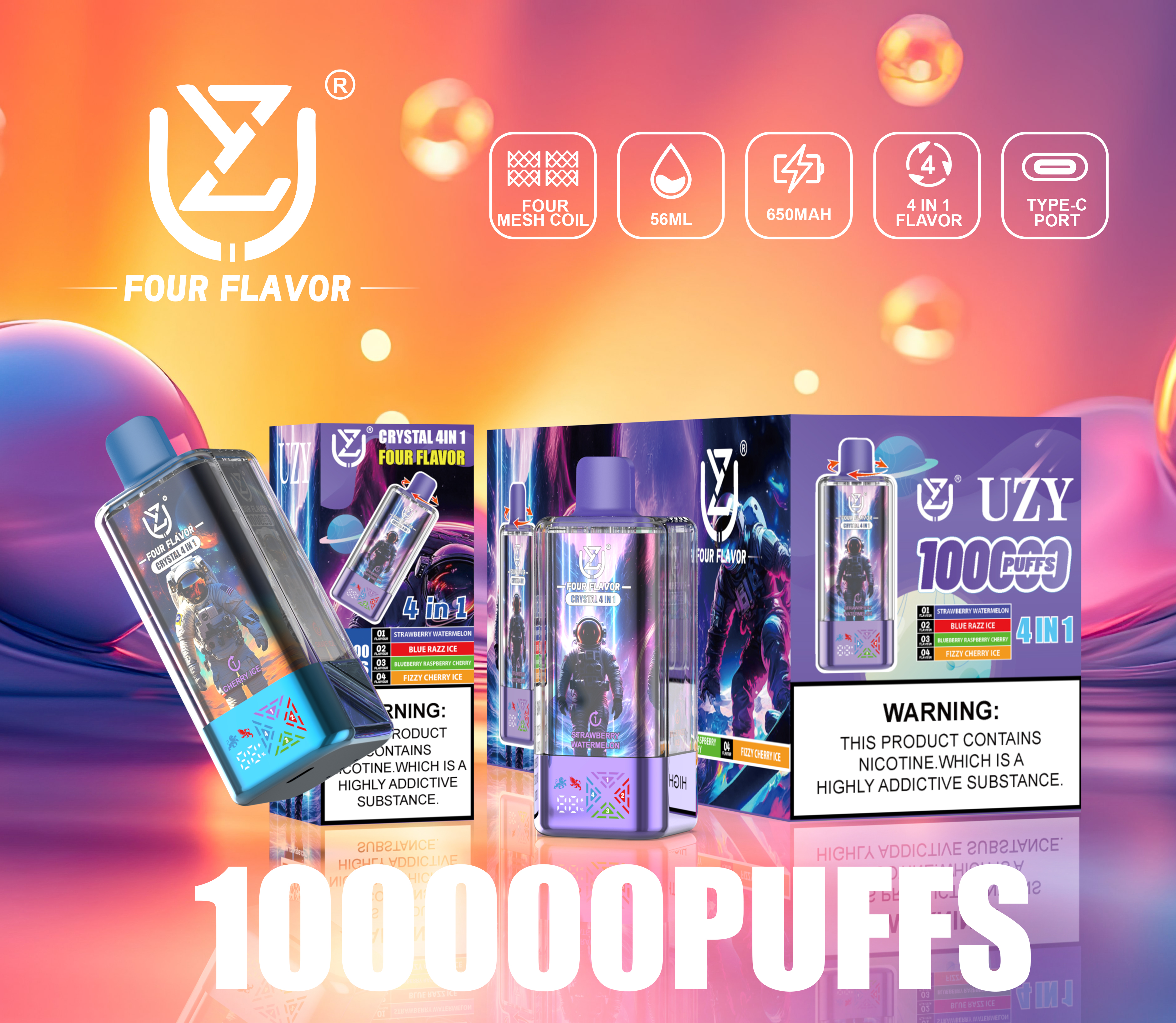 UZY CRYSTAL 100000 Puffs 4-in-1 Flavors LED Screen Display Mesh coil Disposable Vape - Vapo247