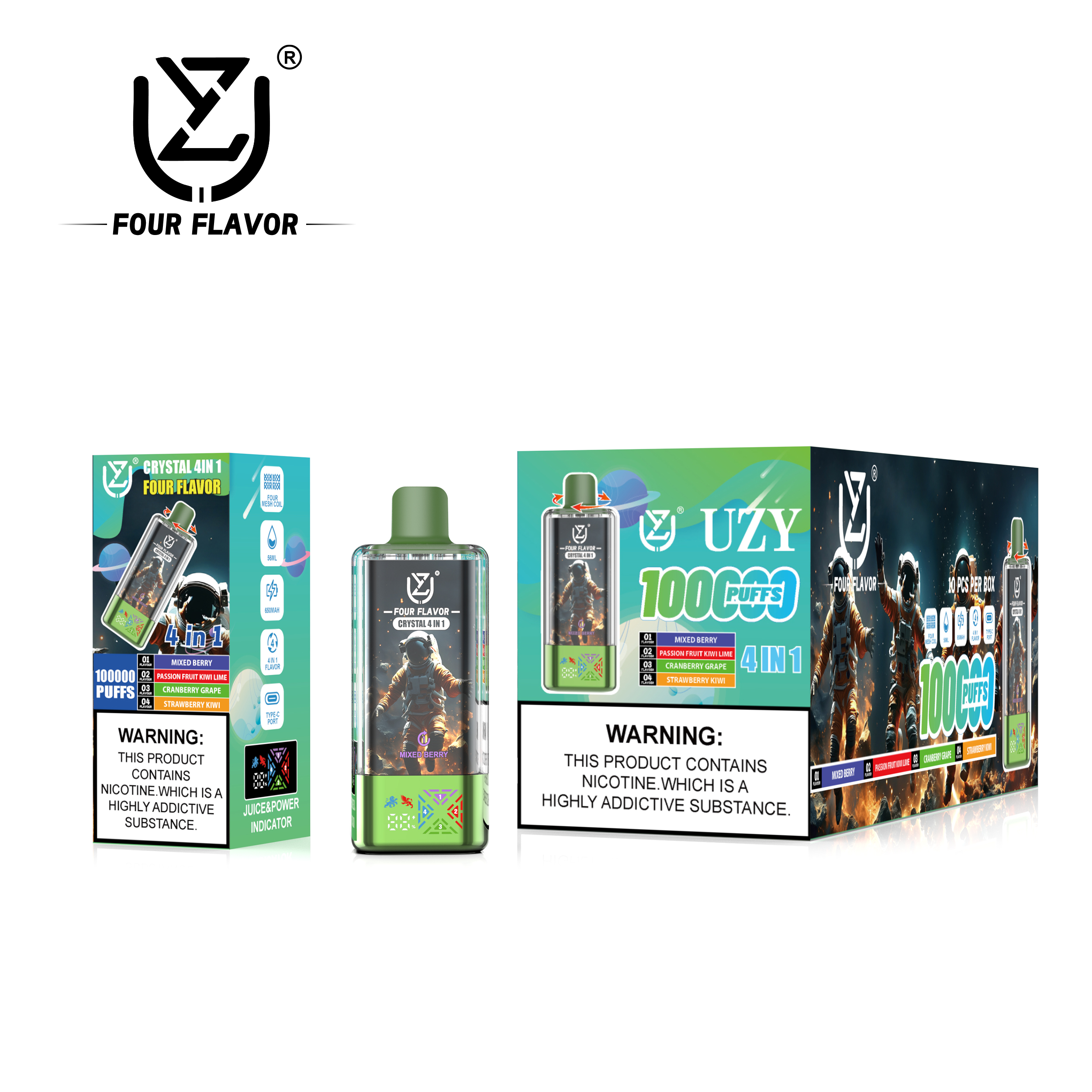 UZY CRYSTAL 100000 Puffs 4-in-1 Flavors LED Screen Display Mesh coil Disposable Vape - Vapo247