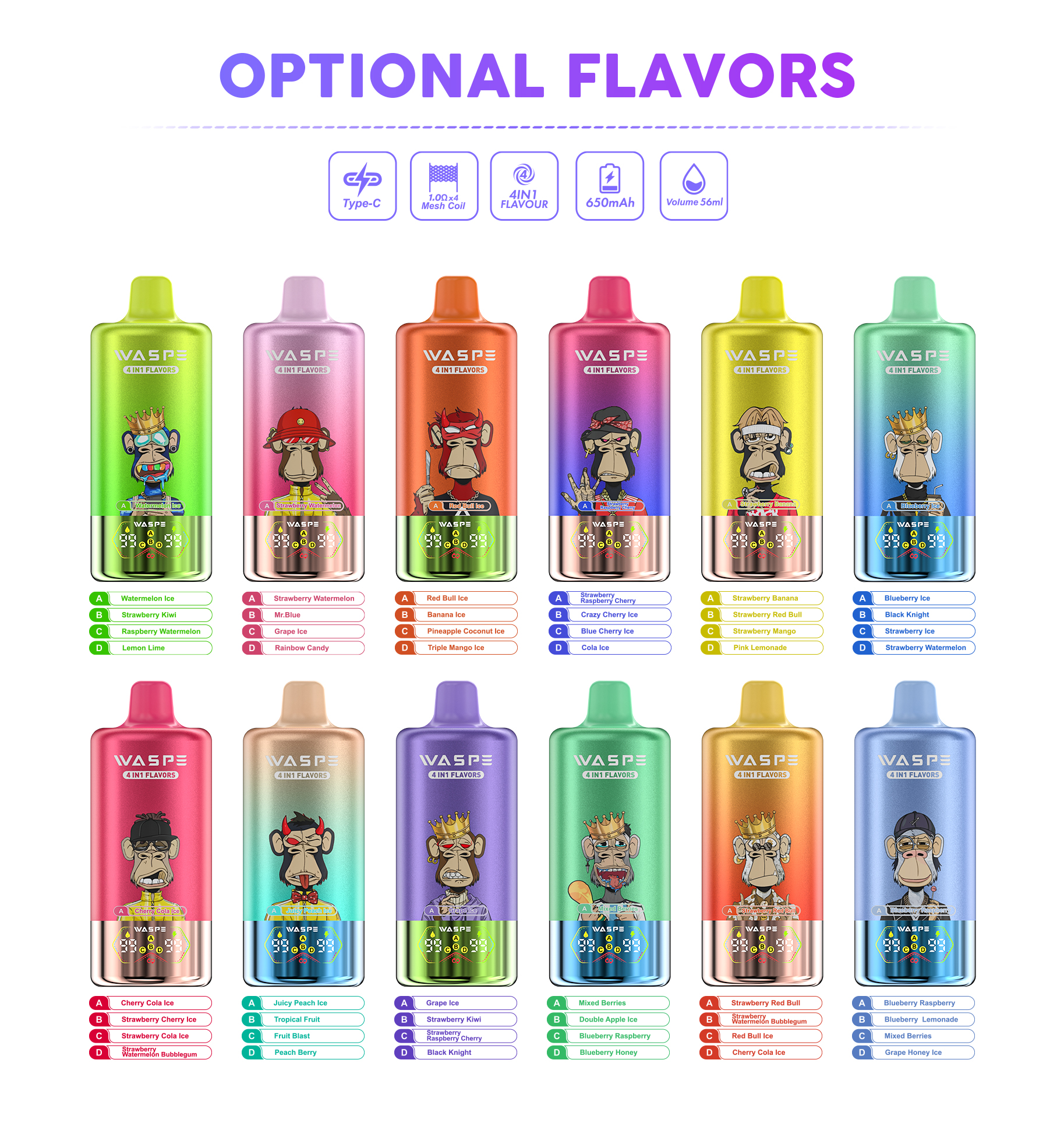 WASPE 4-in-1 100000 Puffs 4-in-1 Flavors LED Screen Display 4 Mesh Coils Disposable Vape - Vapo247
