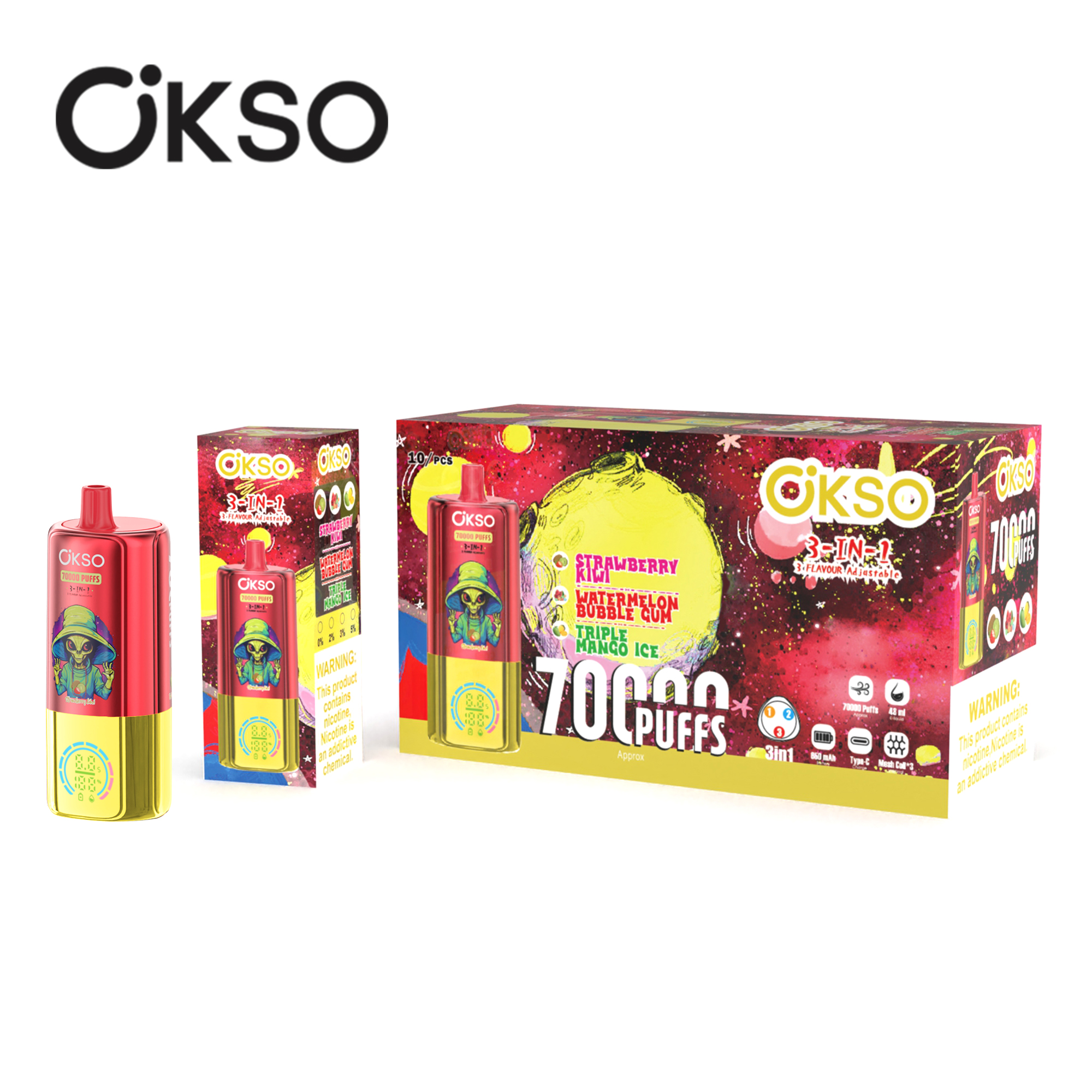 OKSO 3-IN-1 70000 Puffs LED Screen Triple Flavors 2%5% Nicotine Disposable Vape - Vapo247