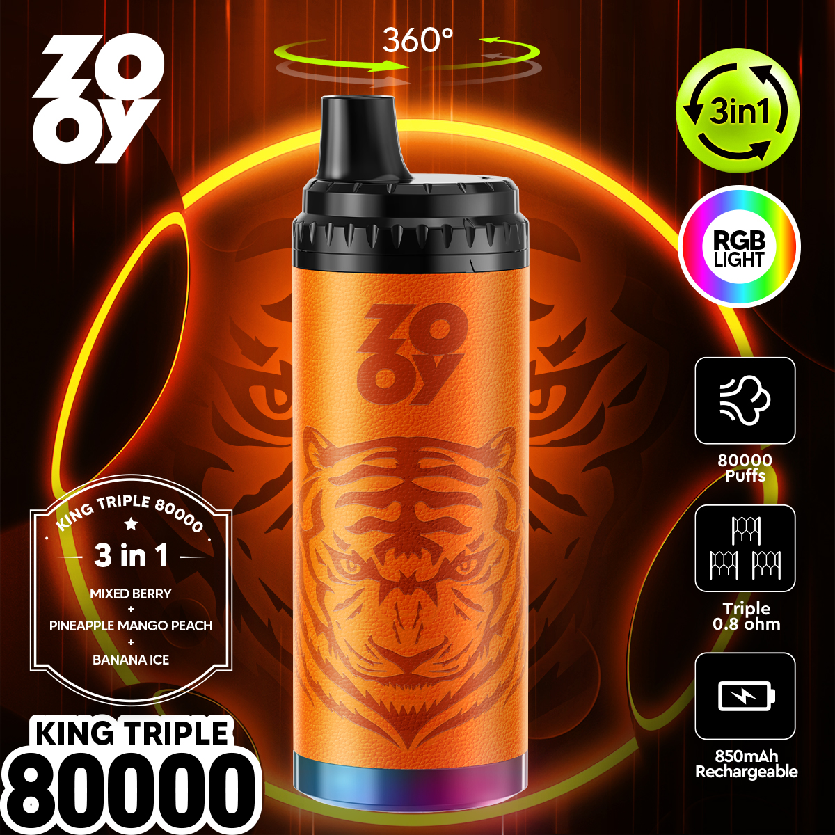 ZOOY KING 80000 Puffs 3-in-1 Multi Flavors RGB Light Disposable Vape - Vapo247