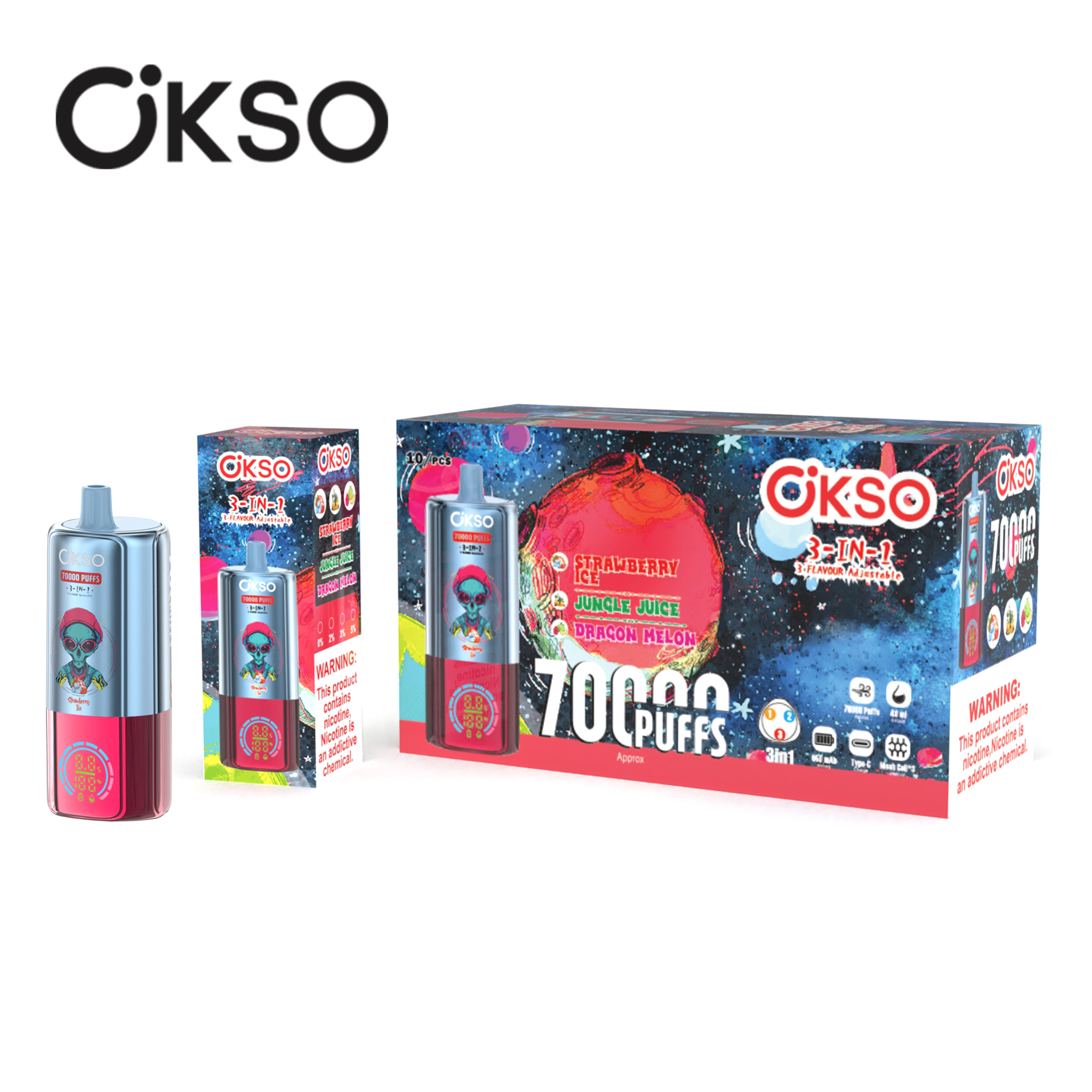 OKSO 3-IN-1 70000 Puffs LED Screen Triple Flavors 2%5% Nicotine Disposable Vape - Vapo247