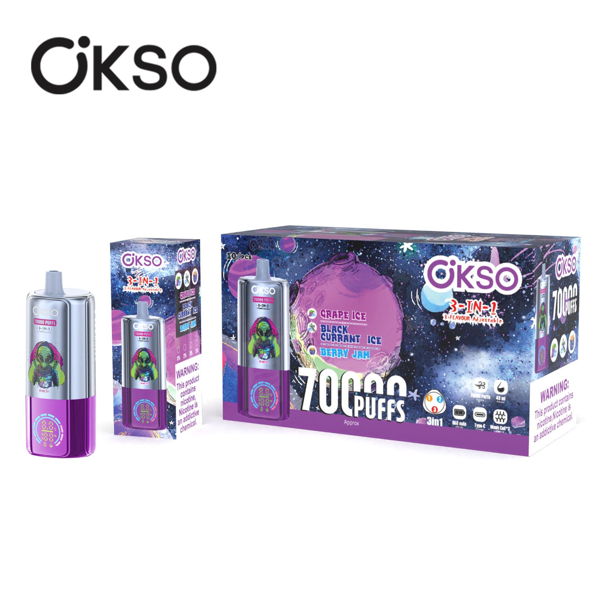 OKSO 3-IN-1 70000 Puffs LED Screen Triple Flavors 2%5% Nicotine Disposable Vape - Vapo247