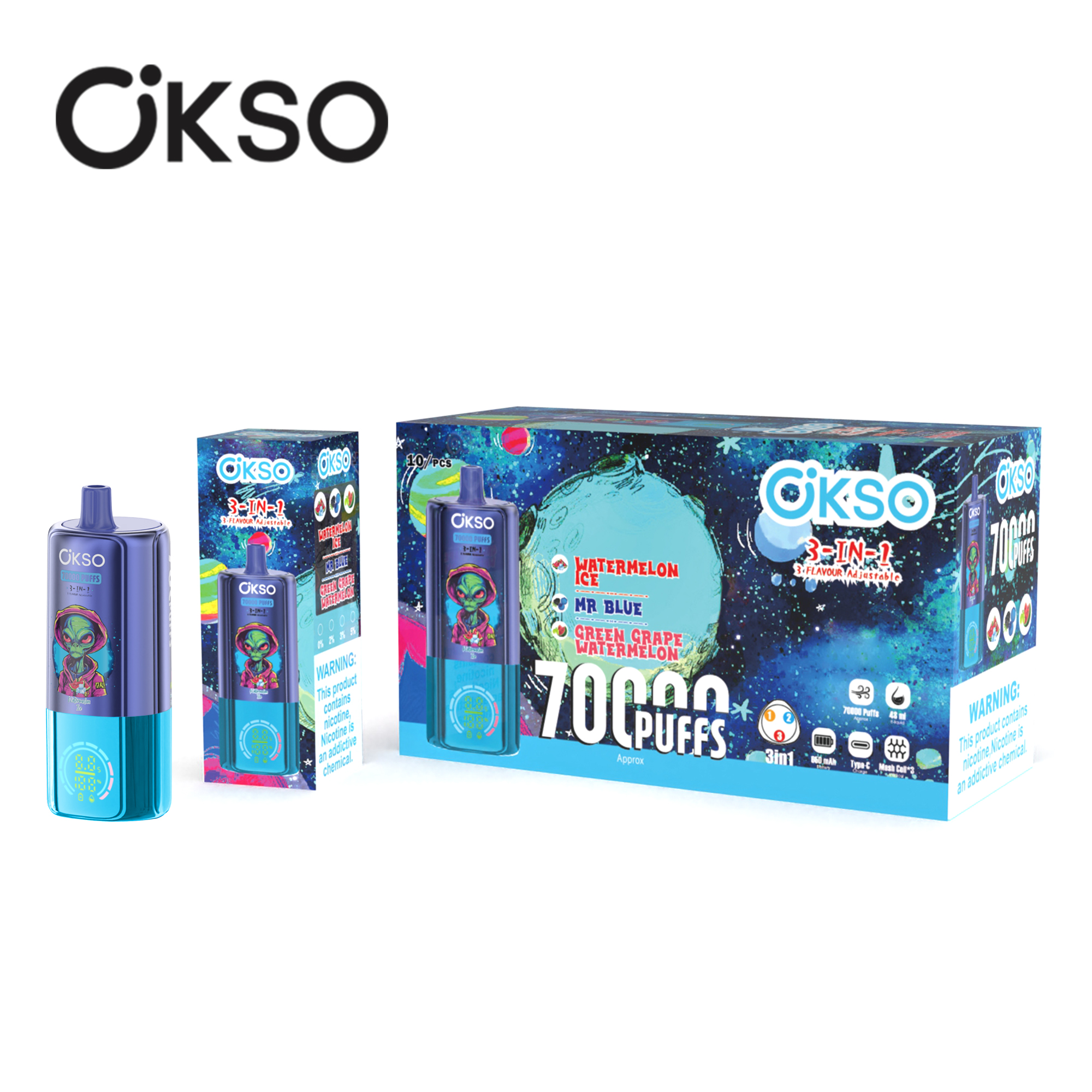 OKSO 3-IN-1 70000 Puffs LED Screen Triple Flavors 2%5% Nicotine Disposable Vape - Vapo247
