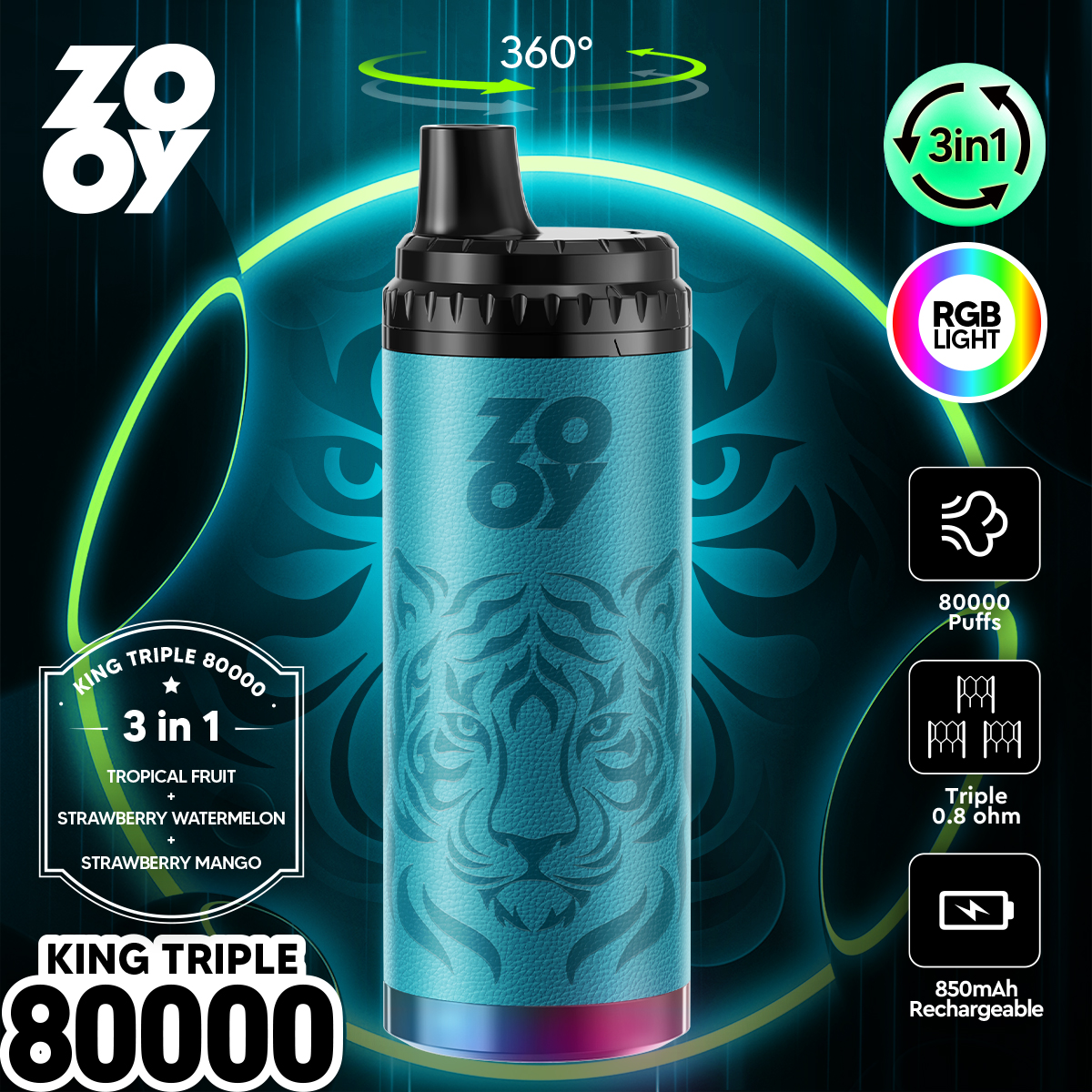 ZOOY KING 80000 Puffs 3-in-1 Multi Flavors RGB Light Disposable Vape - Vapo247