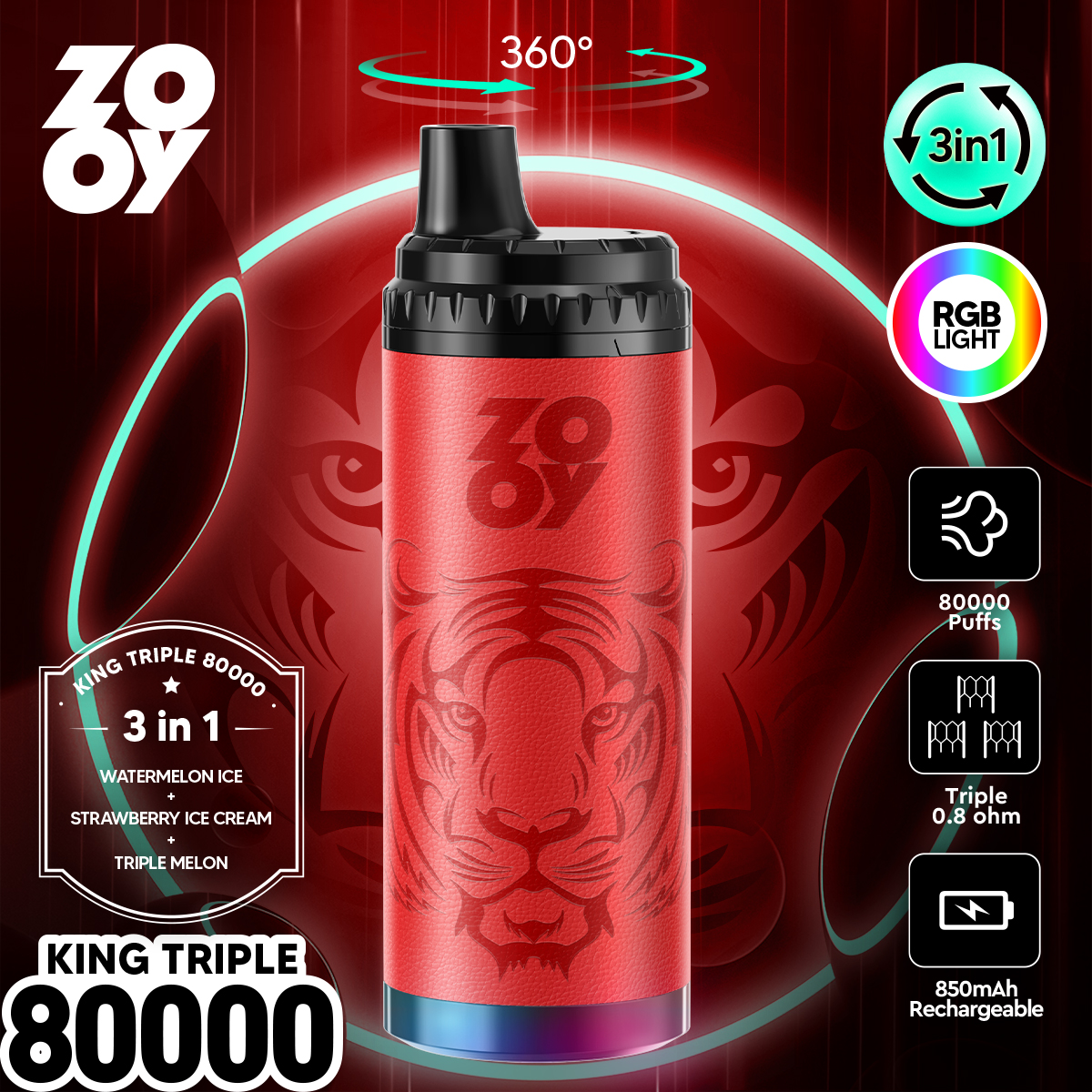 ZOOY KING 80000 Puffs 3-in-1 Multi Flavors RGB Light Disposable Vape - Vapo247