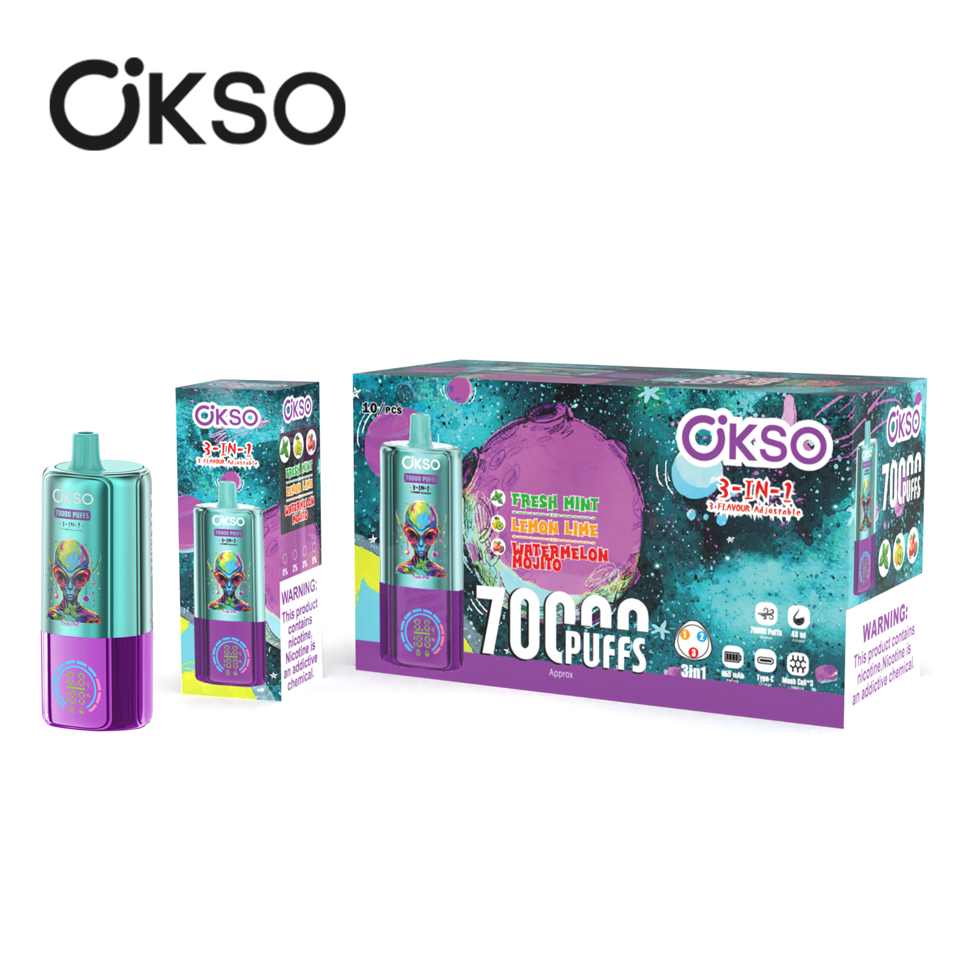 OKSO 3-IN-1 70000 Puffs LED Screen Triple Flavors 2%5% Nicotine Disposable Vape - Vapo247
