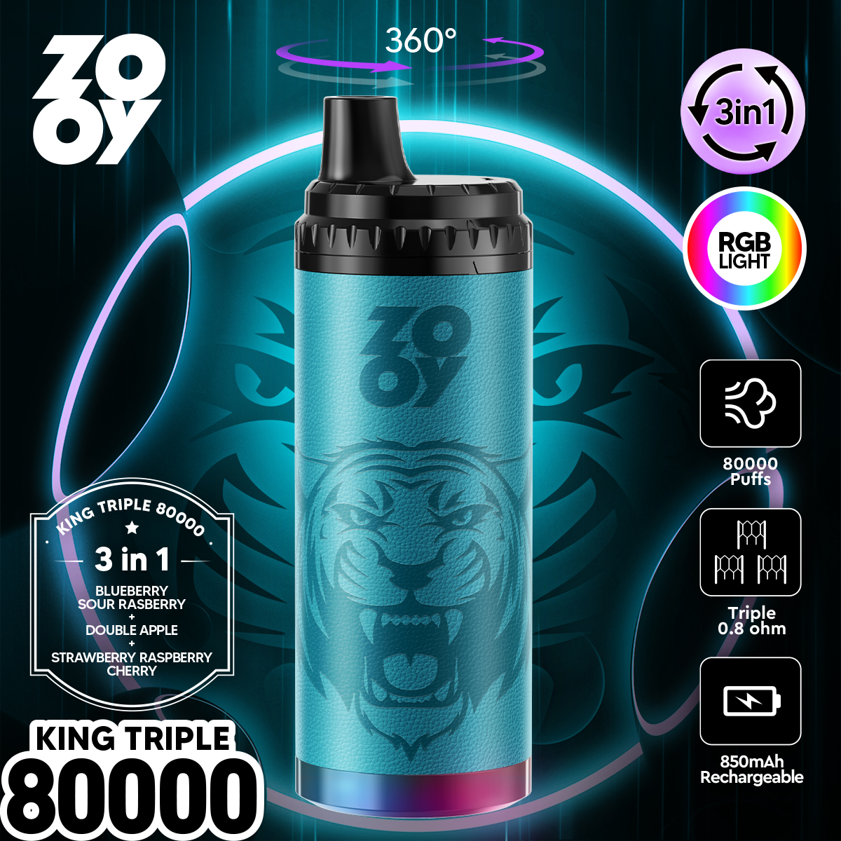 ZOOY KING 80000 Puffs 3-in-1 Multi Flavors RGB Light Disposable Vape - Vapo247