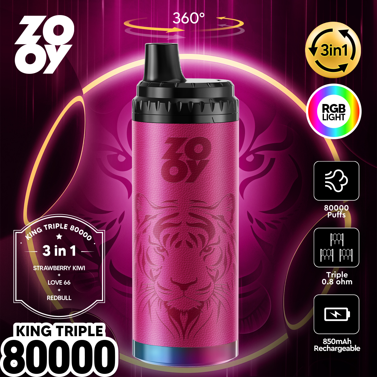 ZOOY KING 80000 Puffs 3-in-1 Multi Flavors RGB Light Disposable Vape - Vapo247