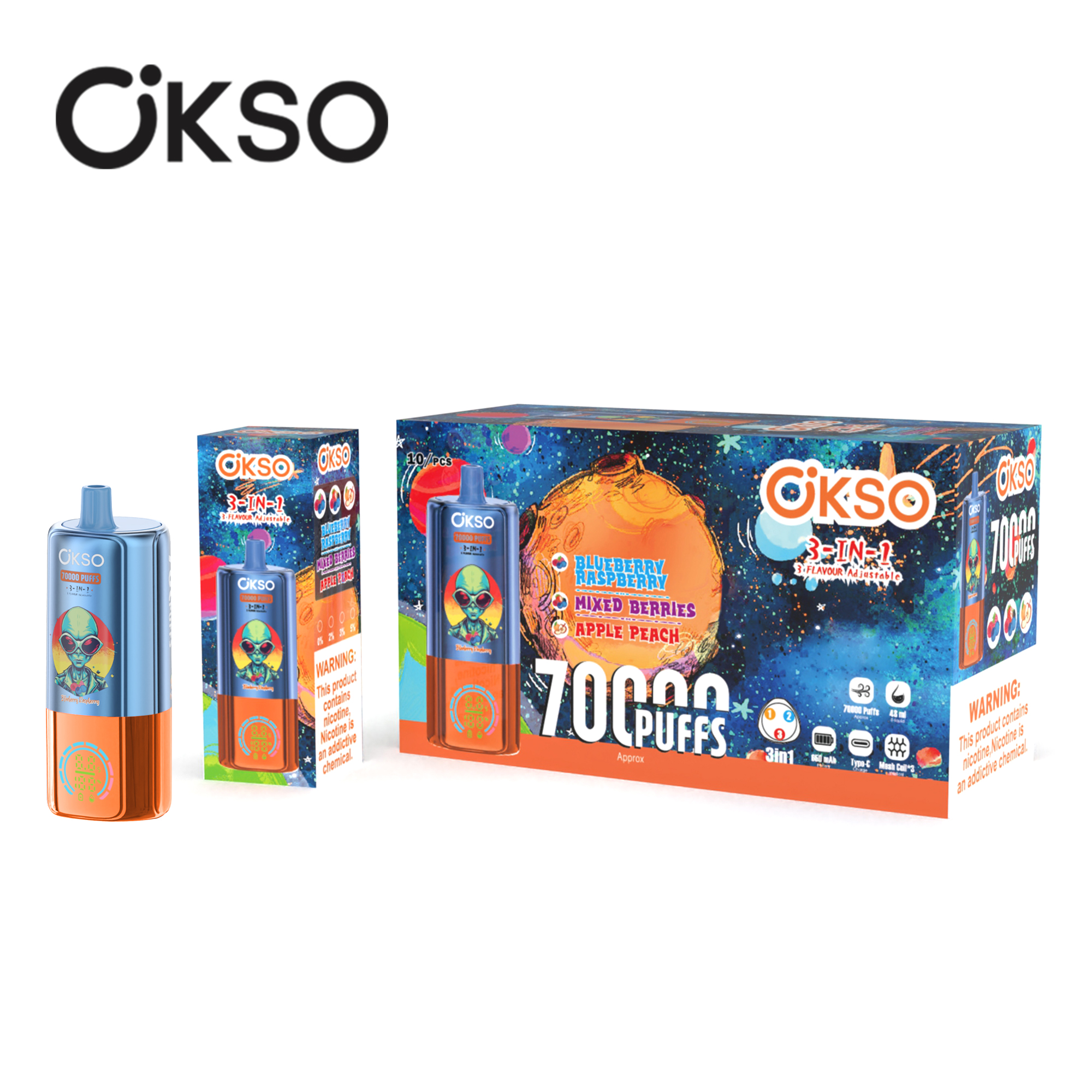 OKSO 3-IN-1 70000 Puffs LED Screen Triple Flavors 2%5% Nicotine Disposable Vape - Vapo247