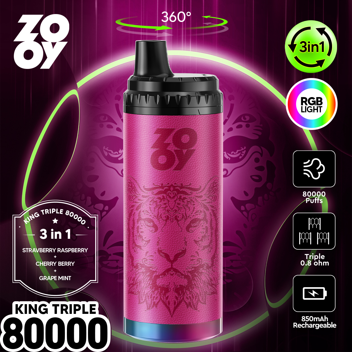 ZOOY KING 80000 Puffs 3-in-1 Multi Flavors RGB Light Disposable Vape - Vapo247