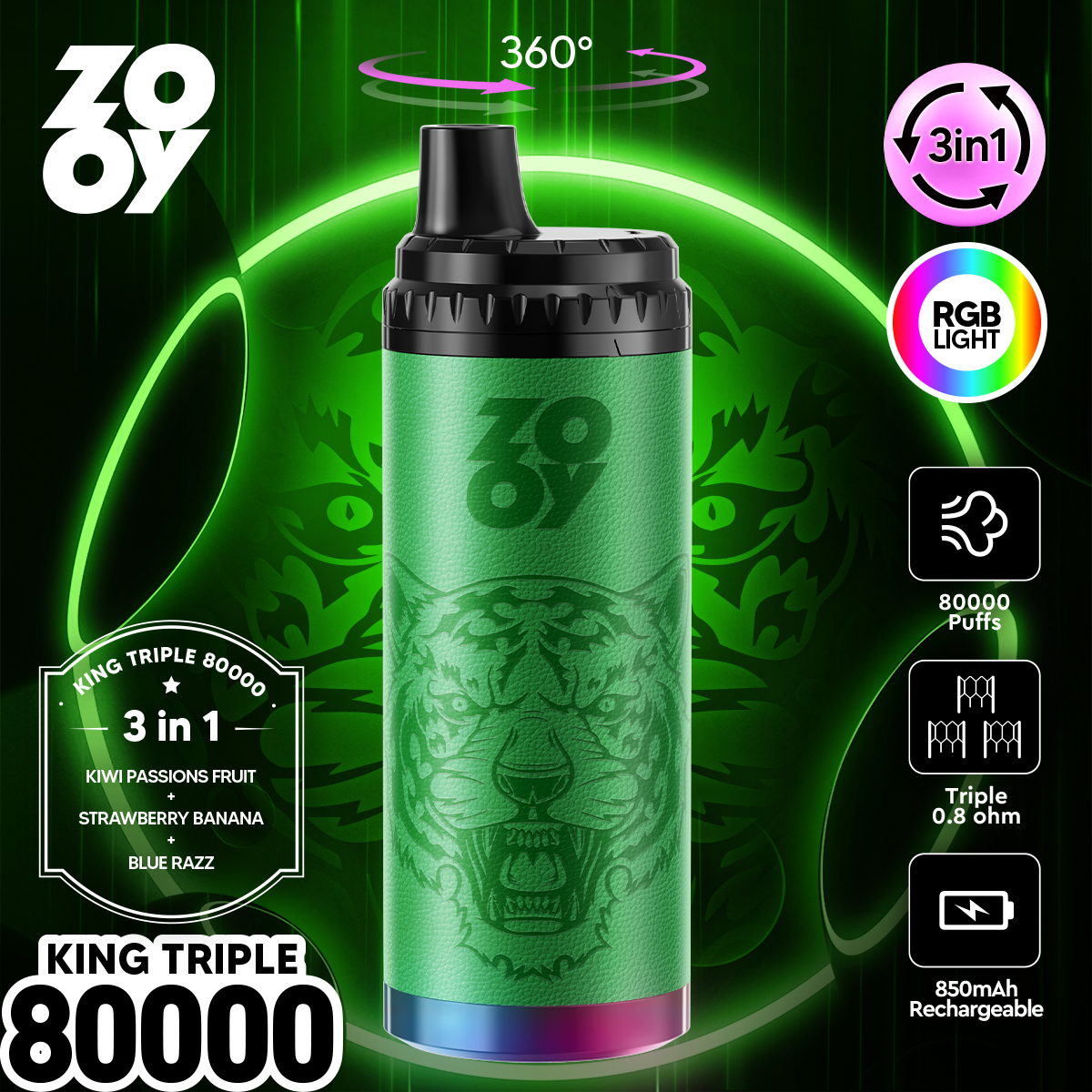 ZOOY KING 80000 Puffs 3-in-1 Multi Flavors RGB Light Disposable Vape - Vapo247