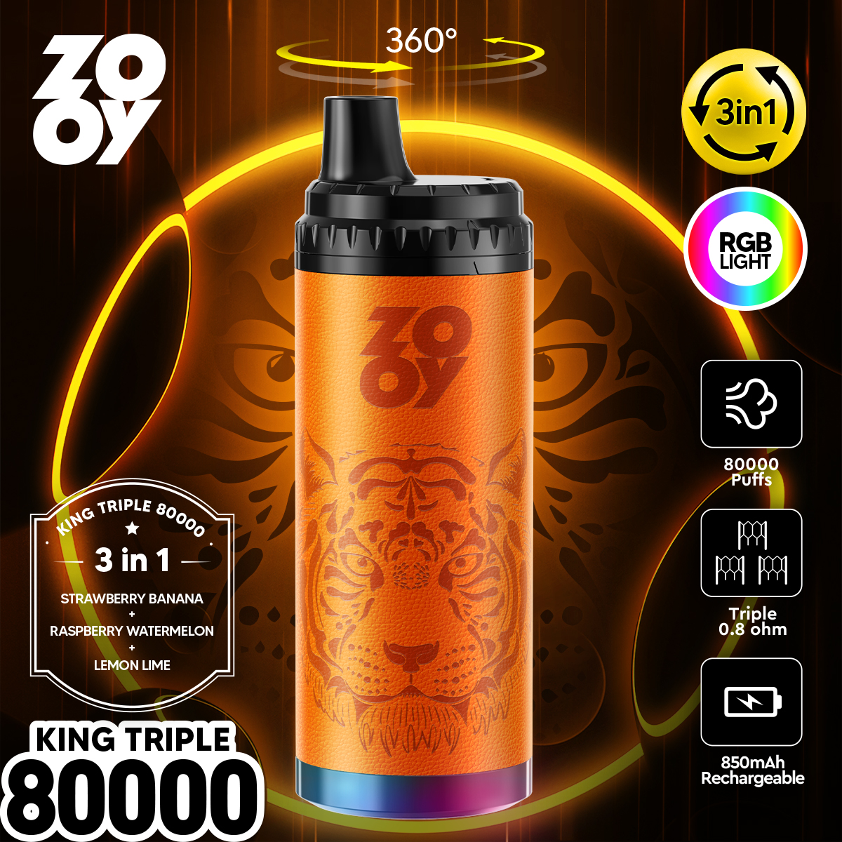 ZOOY KING 80000 Puffs 3-in-1 Multi Flavors RGB Light Disposable Vape - Vapo247