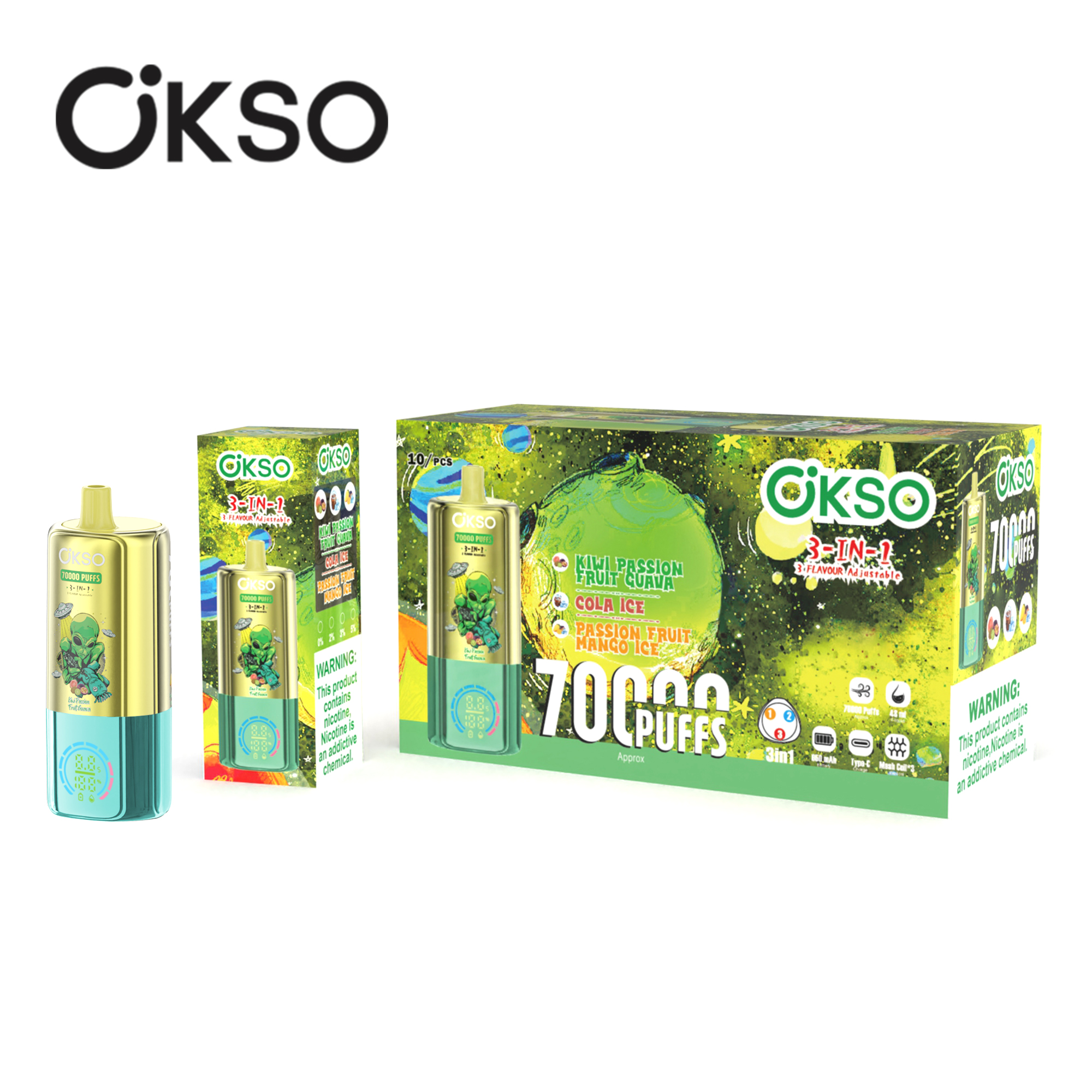 OKSO 3-IN-1 70000 Puffs LED Screen Triple Flavors 2%5% Nicotine Disposable Vape - Vapo247
