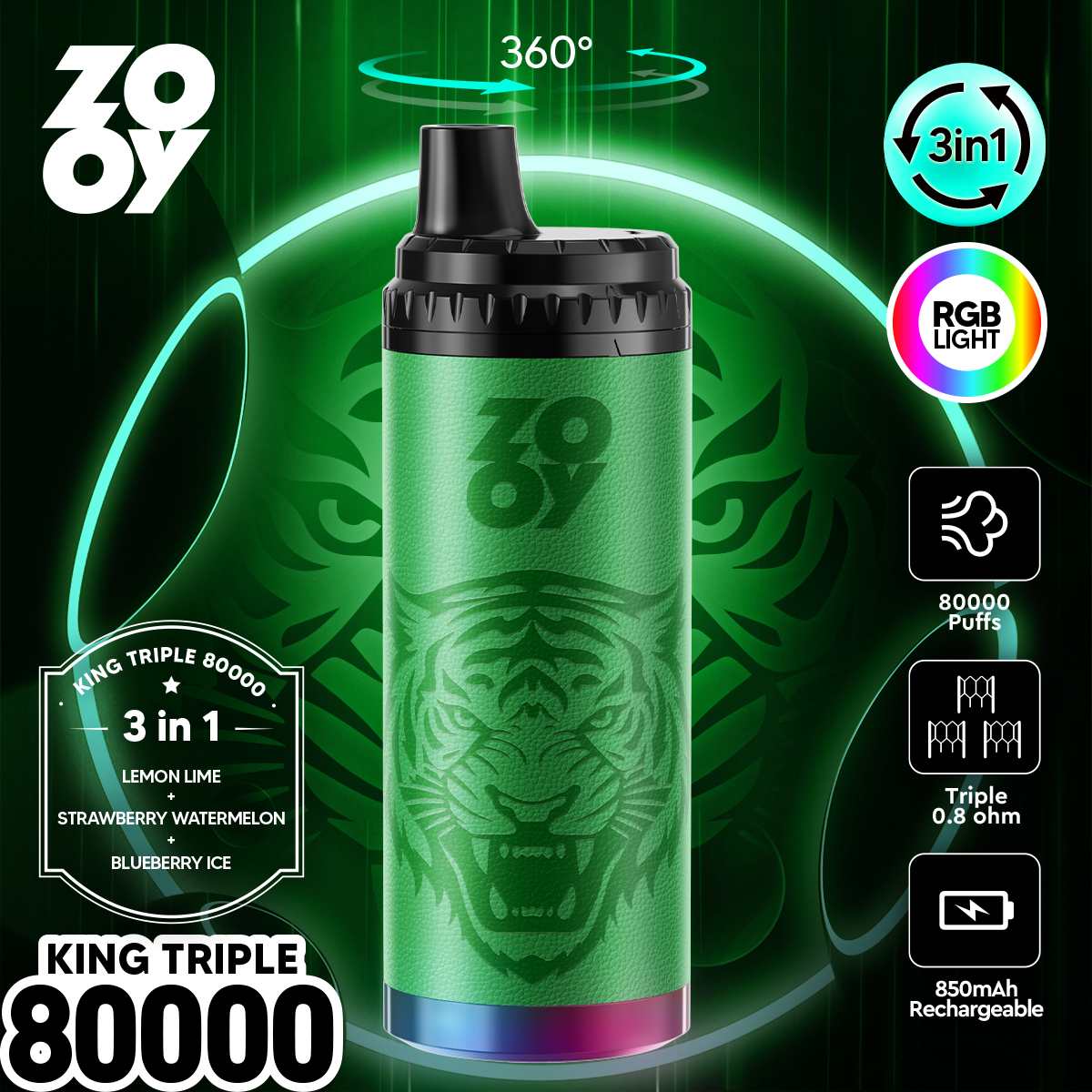 ZOOY KING 80000 Puffs 3-in-1 Multi Flavors RGB Light Disposable Vape - Vapo247