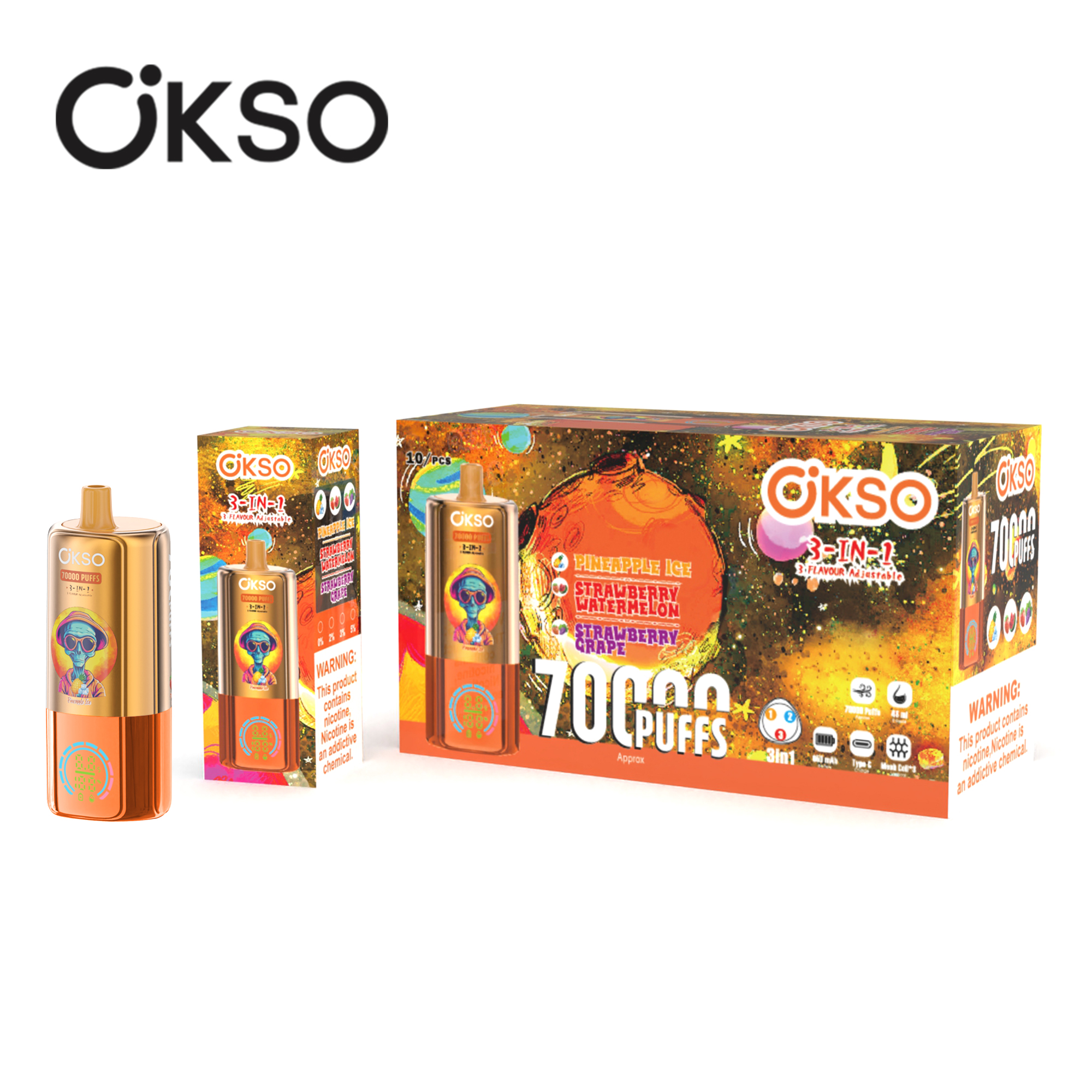 OKSO 3-IN-1 70000 Puffs LED Screen Triple Flavors 2%5% Nicotine Disposable Vape - Vapo247