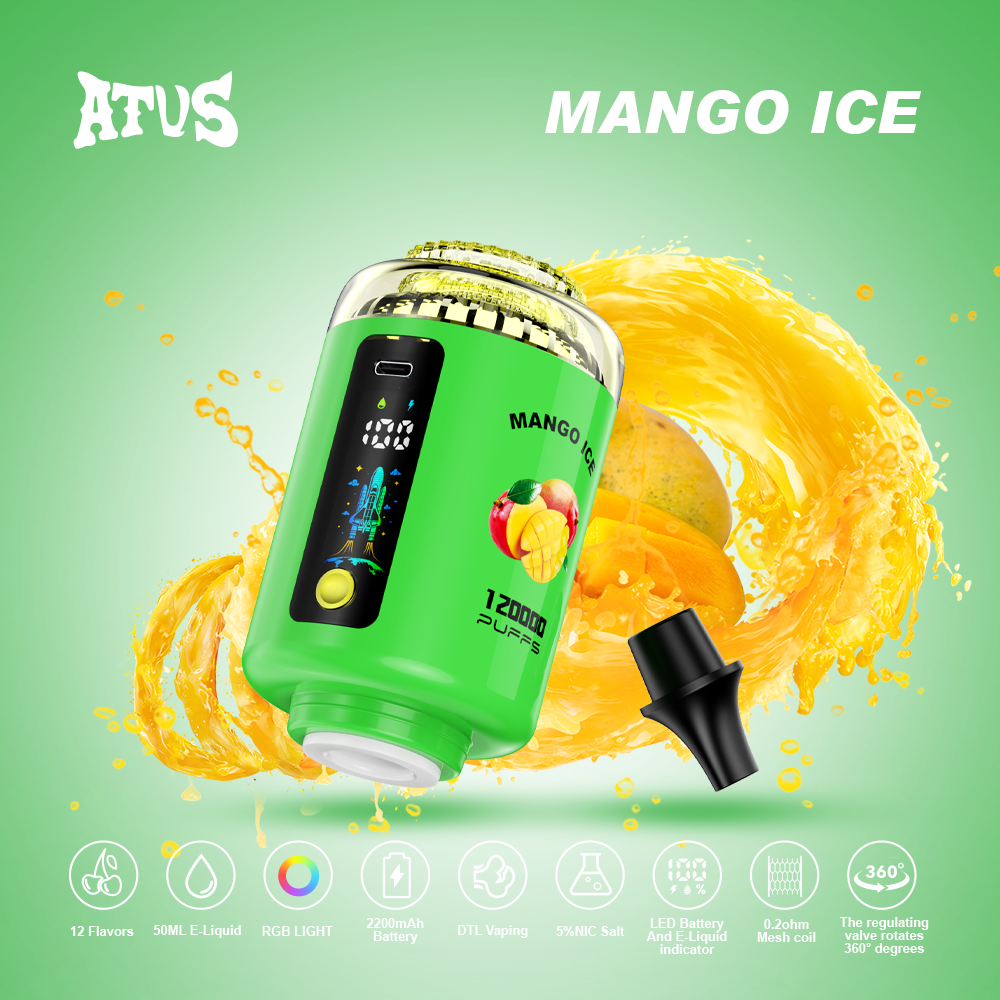 ATUS 120K Hookah Shisha 120K Puffs LED Display RGB Light DTL Puff 2500 mAh Battery 360 Degree Valve Disposable Vape - Vapo247