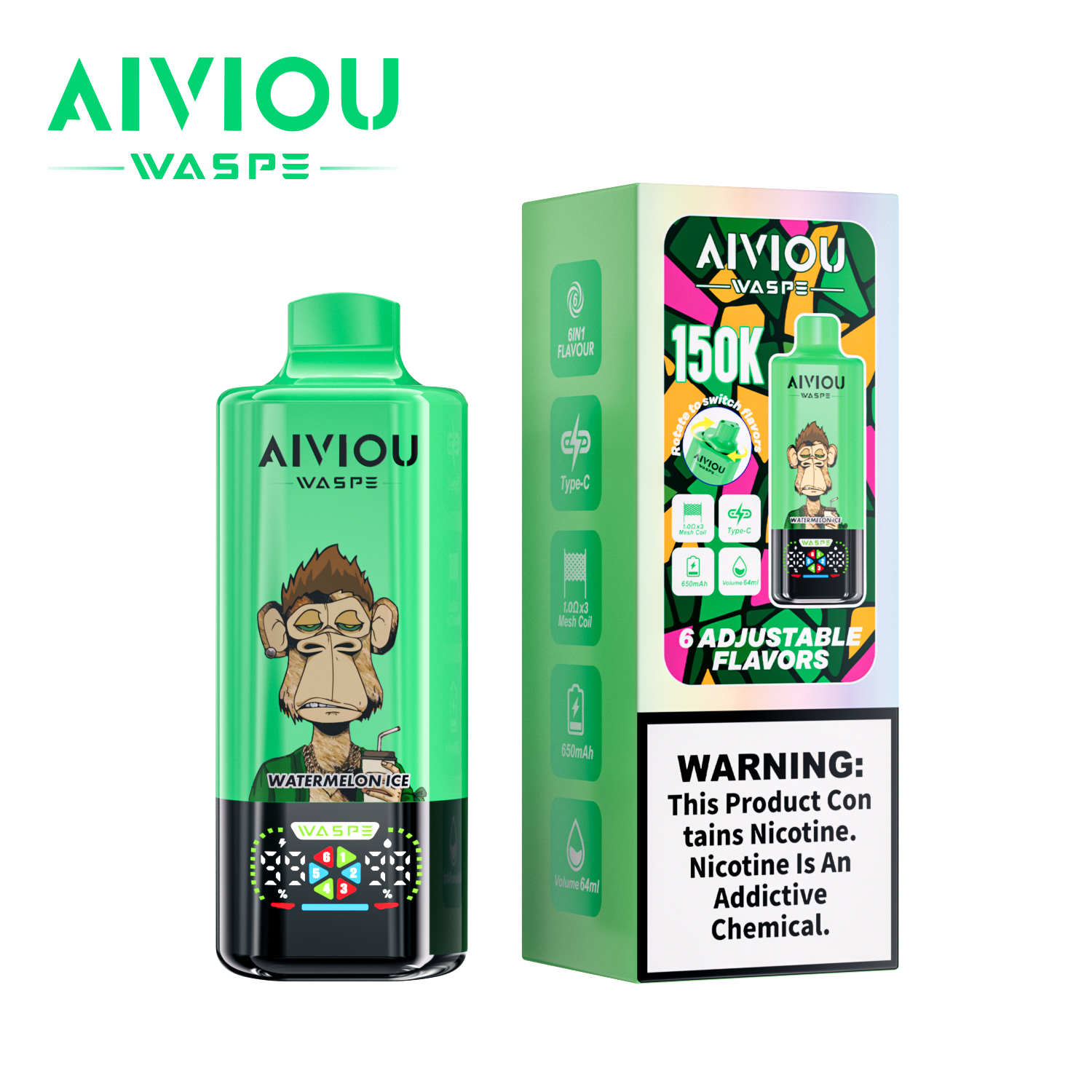 WASPE Aiviou 6-in-1 150K puffs 6 Adjustable Flavors LED Display Screen 2%5% Nicotine Disposable Vape - Vapo247
