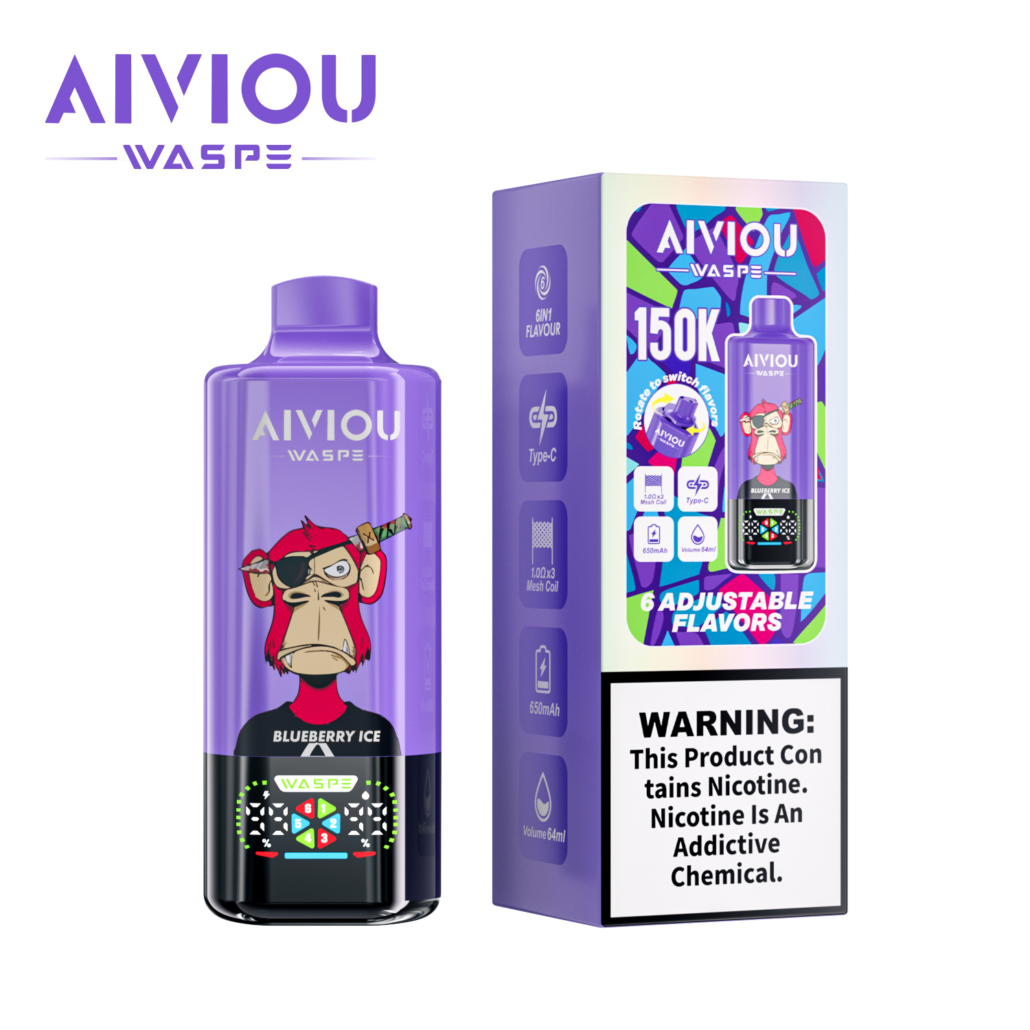 WASPE Aiviou 6-in-1 150K puffs 6 Adjustable Flavors LED Display Screen 2%5% Nicotine Disposable Vape - Vapo247